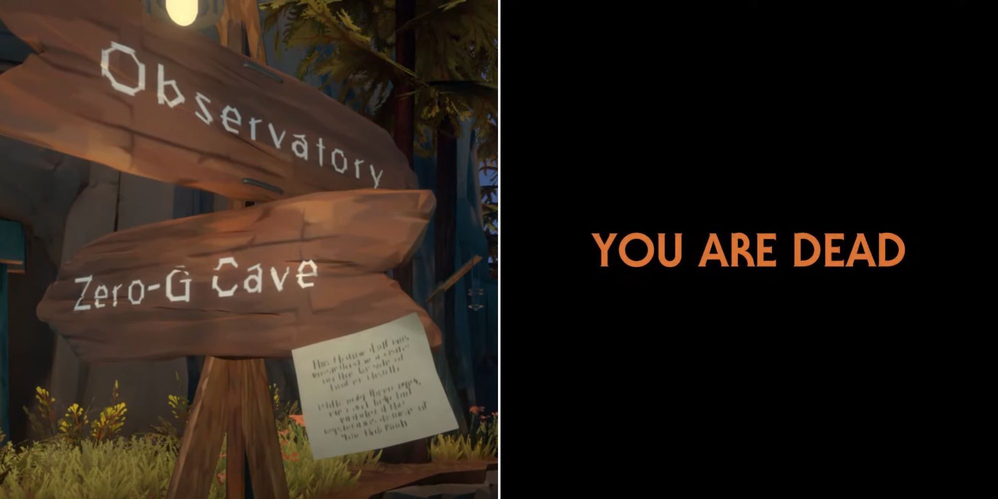 The Signpost For The Observatory And Zero-G Cave And The You Are Dead Game Over Screen In Outer WIlds
