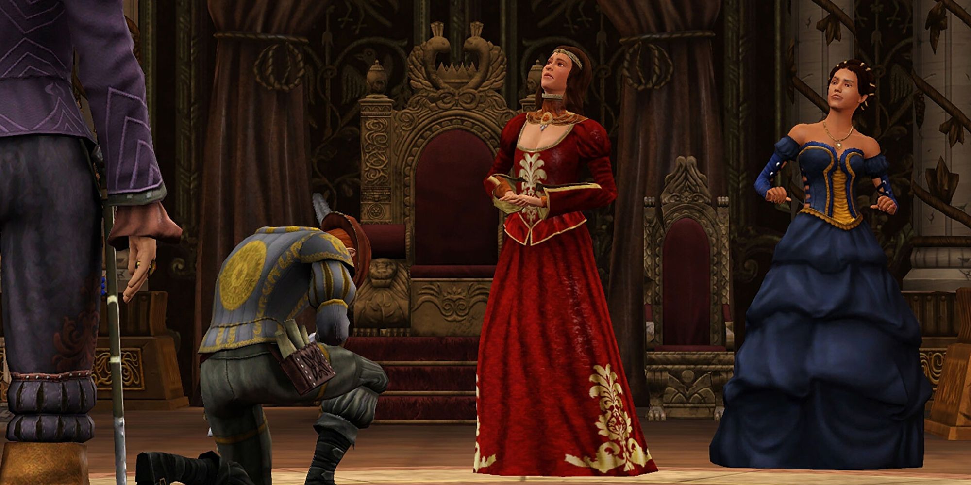 The Sims Medieval noble bowing to a queen who is standing in front of a throne