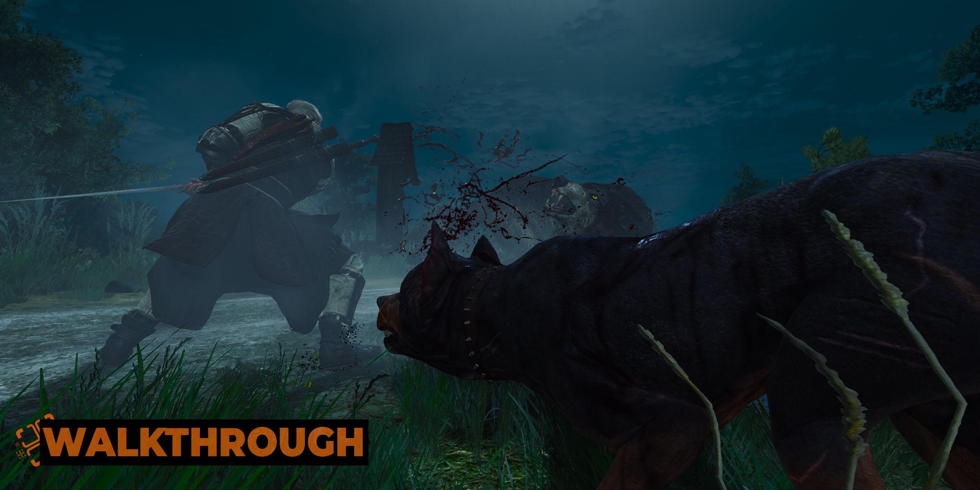 A hound prowls behind Geralt as the witcher slashes at a wolf, sending blood flying on a moonlit night.