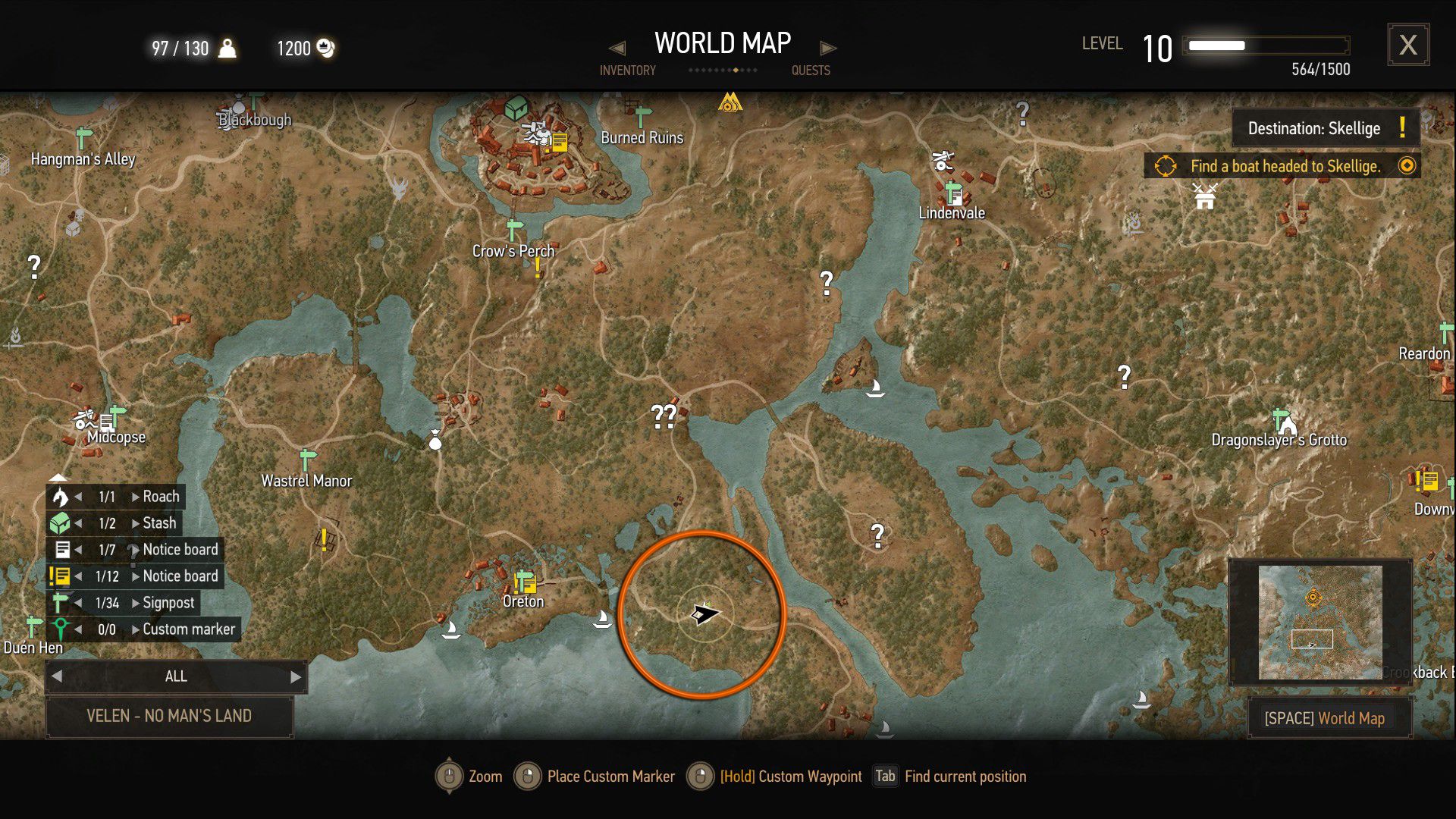 An annotated screenshot of The Witcher 3&rsquo;s map, with the quest&rsquo;s start location marked.