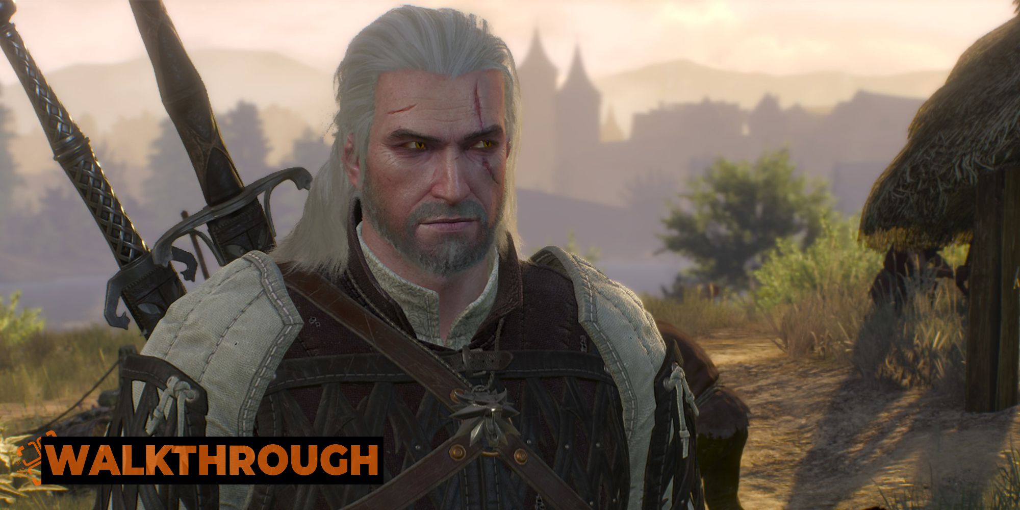 Geralt gives a person a wry look with Novigrad&rsquo;s skyline in the background in the Witcher 3.