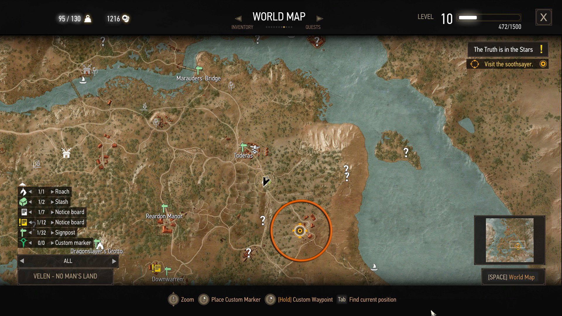 An annotated screenshot of a map in The Witcher 3, with an orange circle indicating where a quest may start.