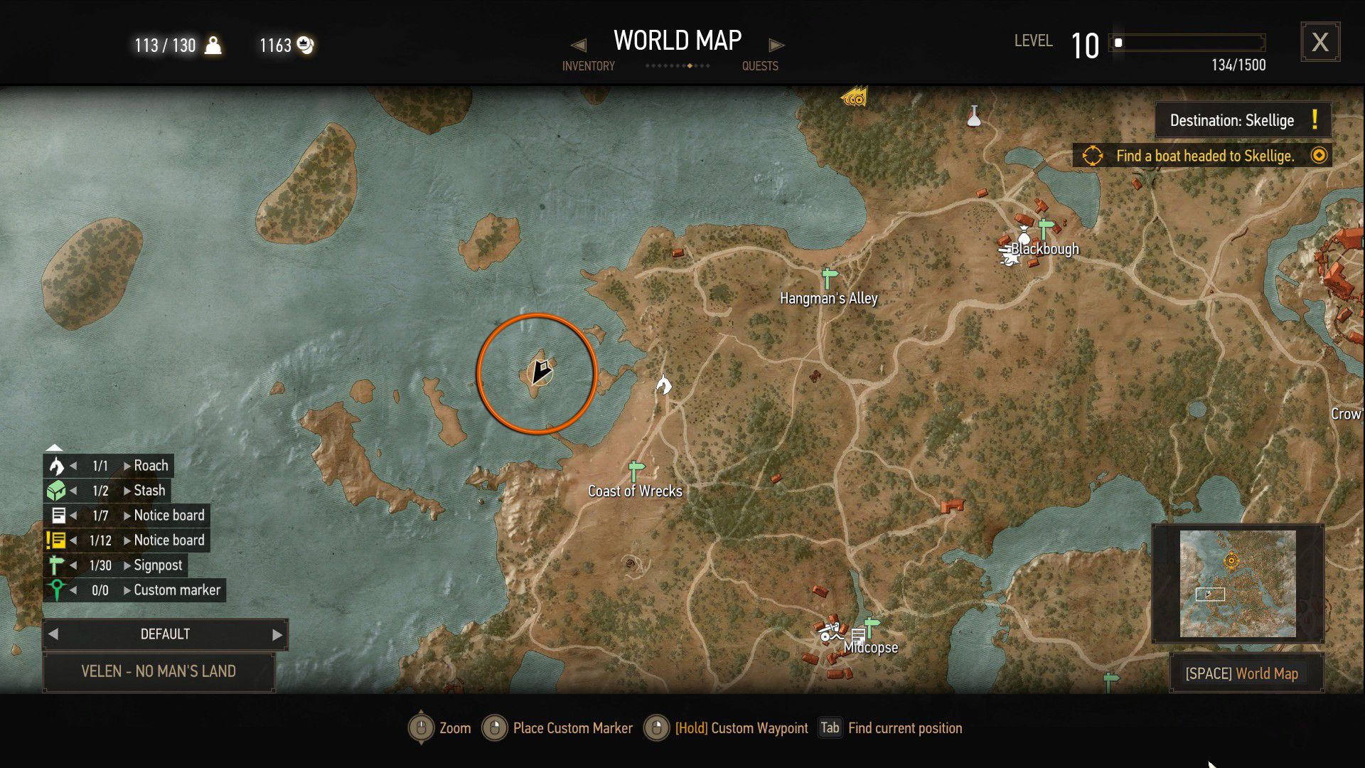 An annotated screenshot of the map, indicating where additional treasure can be found in The Witcher 3.
