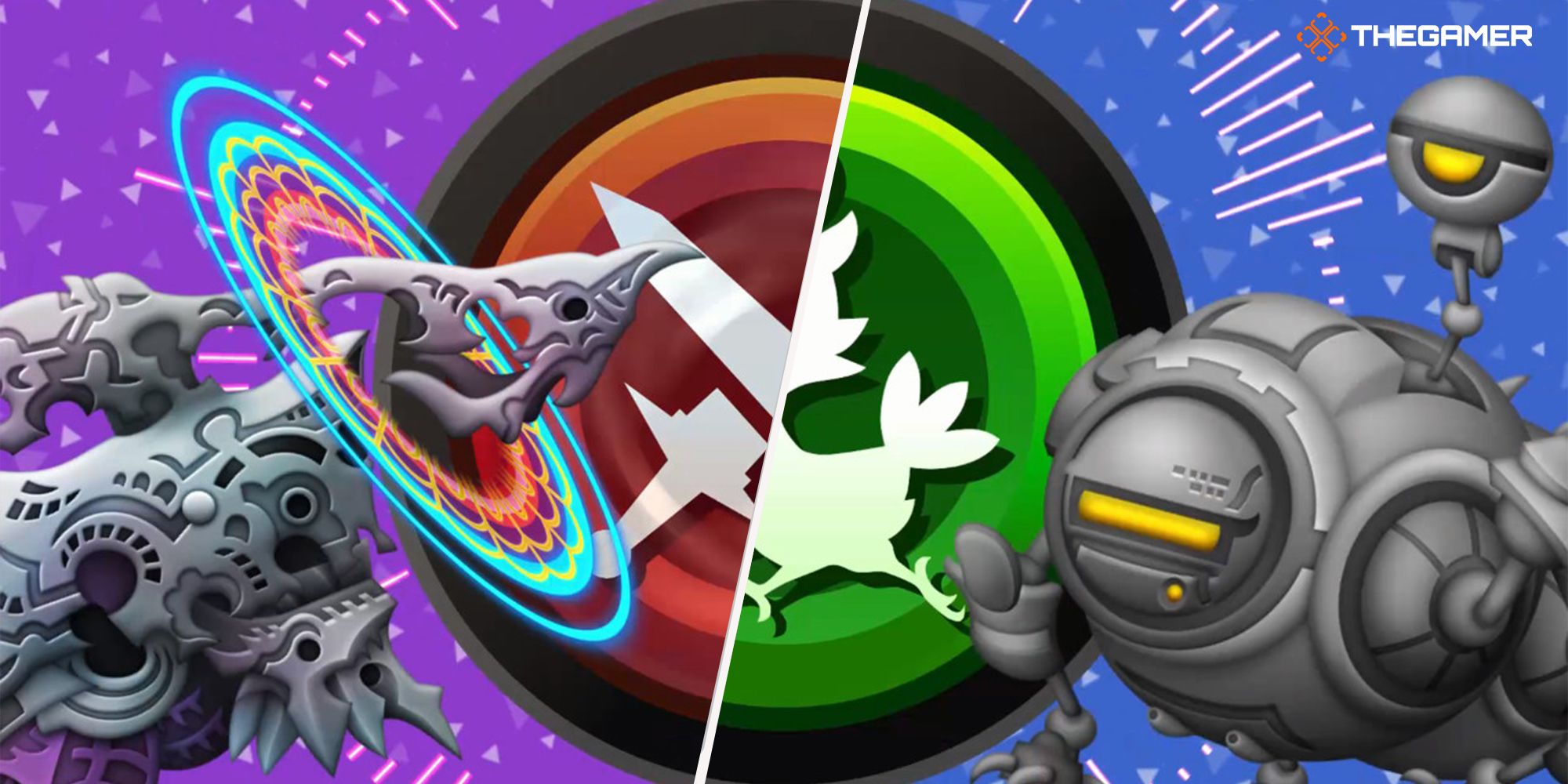 A mythical beast and a mechanical robot stand beside a split icon that represents both Battle Music Stages and Field Music Stages in Theatrhythm: Final Bar Line.