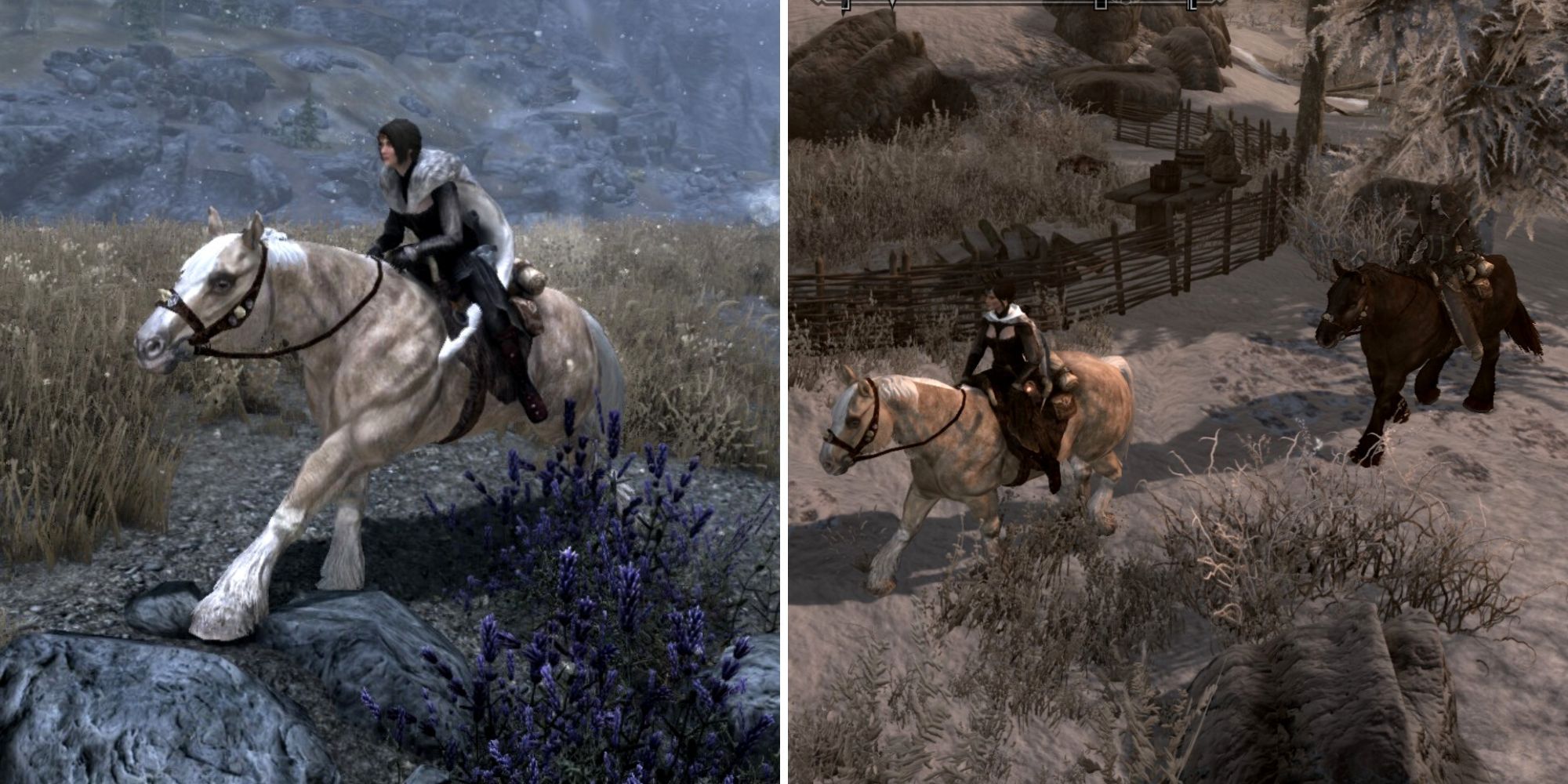 Skyrim - Left: Dragonborn riding Frost outside of Whiterun; right: Dragonborn and follower riding their horses through Dawnstar