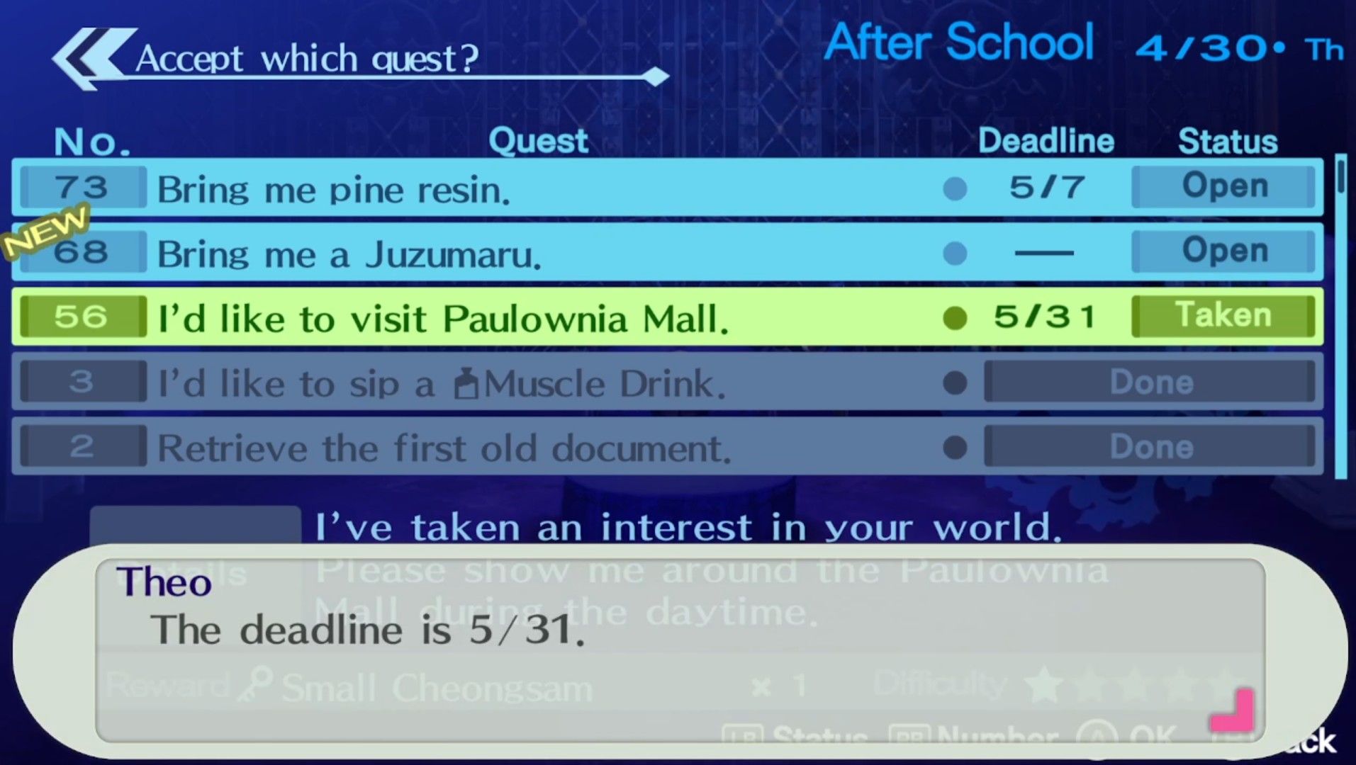 theodore informing the female protagonist of a quest deadline in persona 3 portable