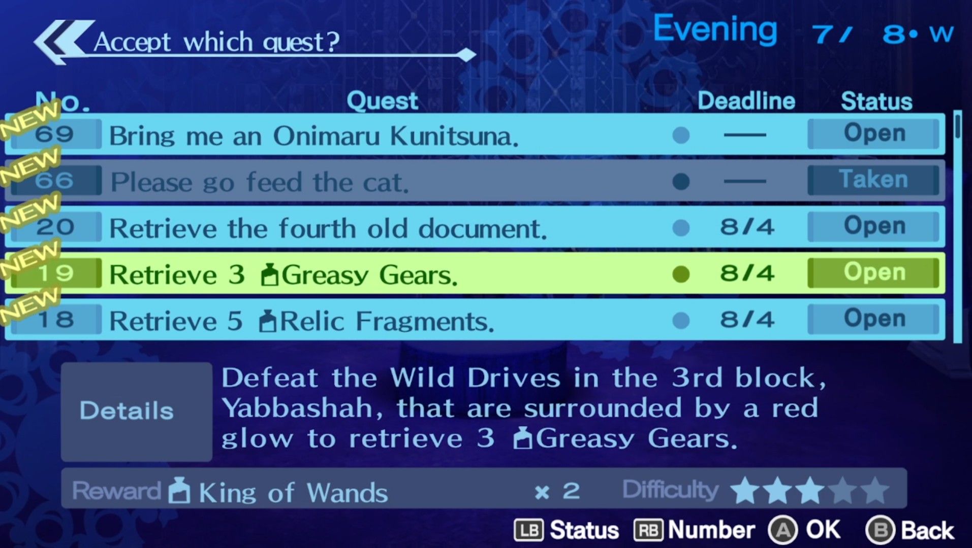 theodore's request screen in the velvet room in persona 3 portable with new and accepted quests