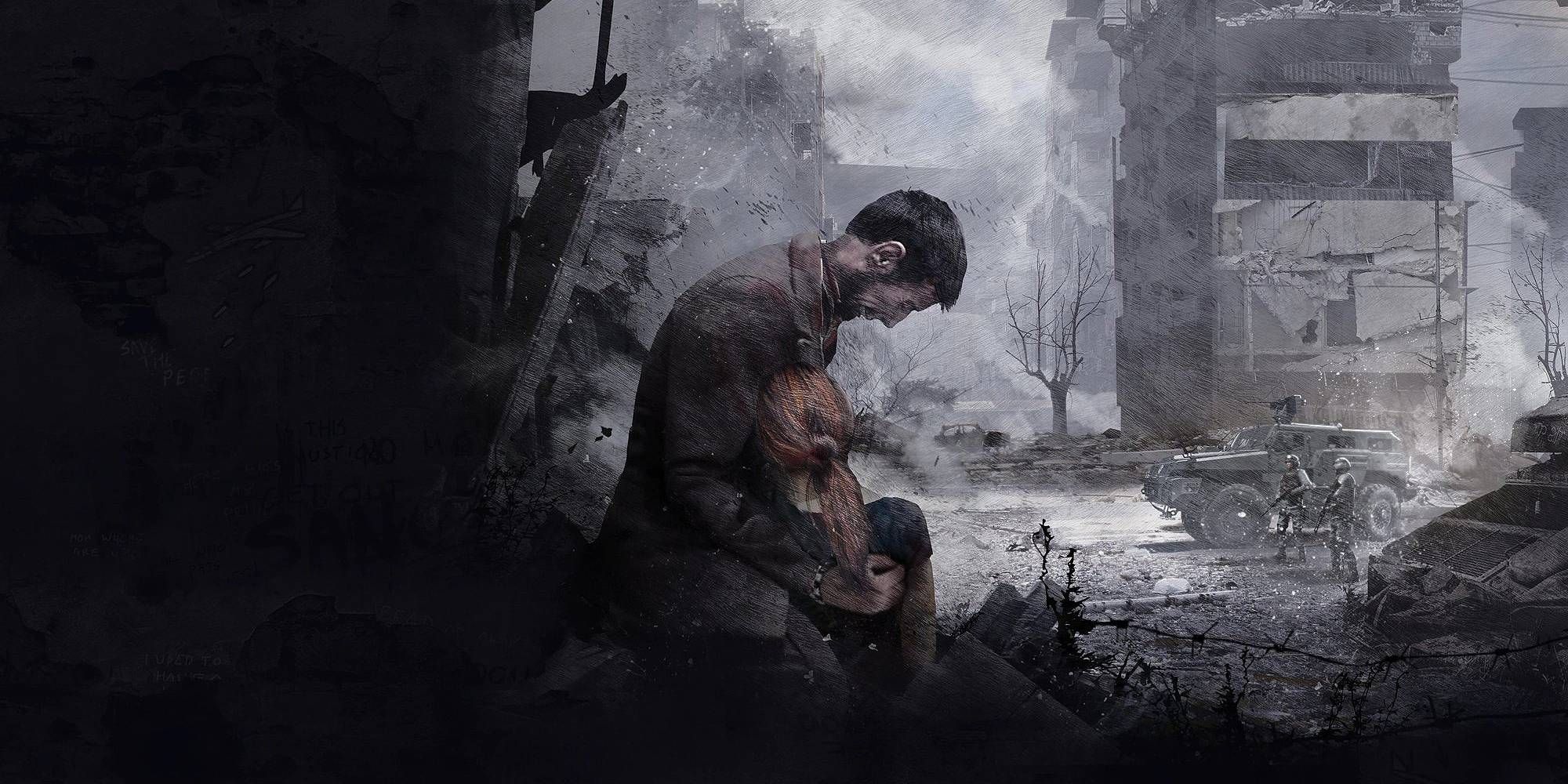 A man mourns a woman in his arms amidst a war zone in This War of Mine: Final Cut art