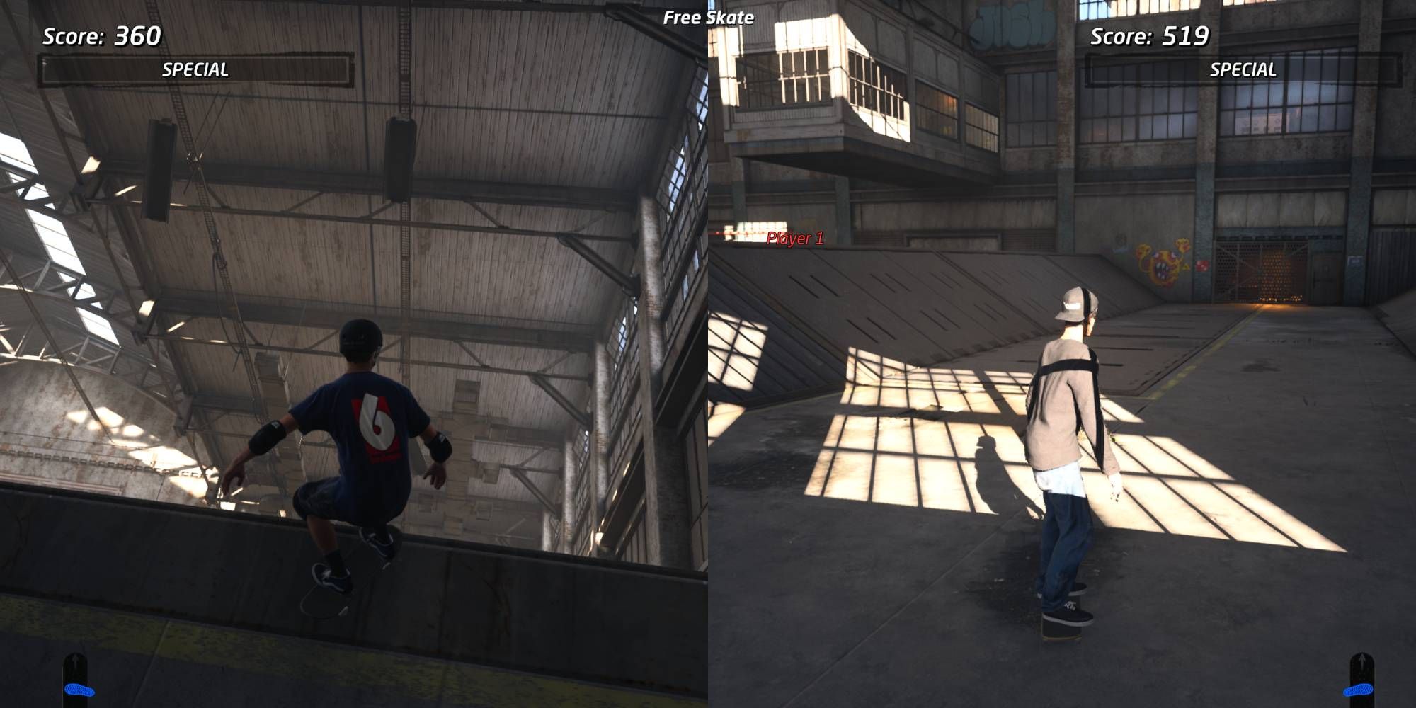 Splitscreen multiplayer action of Tony Hawk and Bob Burnqvist in the Warehouse level of Tony Hawk's Pro Skater 1+2