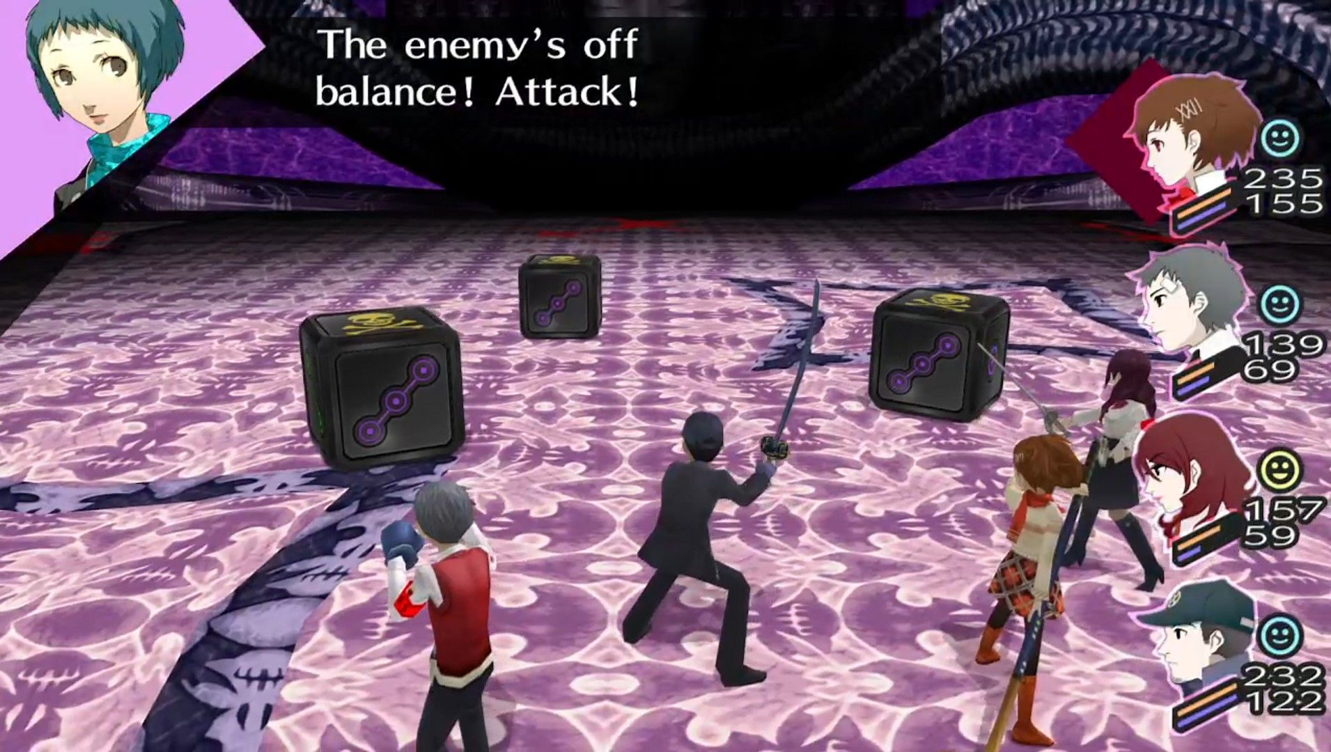 three bronze dice enemies with the sees team about to do an all-out attack in persona 3 portable