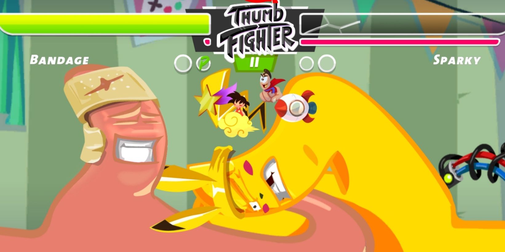 Bandage defeats Sparky in a game of thumb of war (from Thumb Fighter)