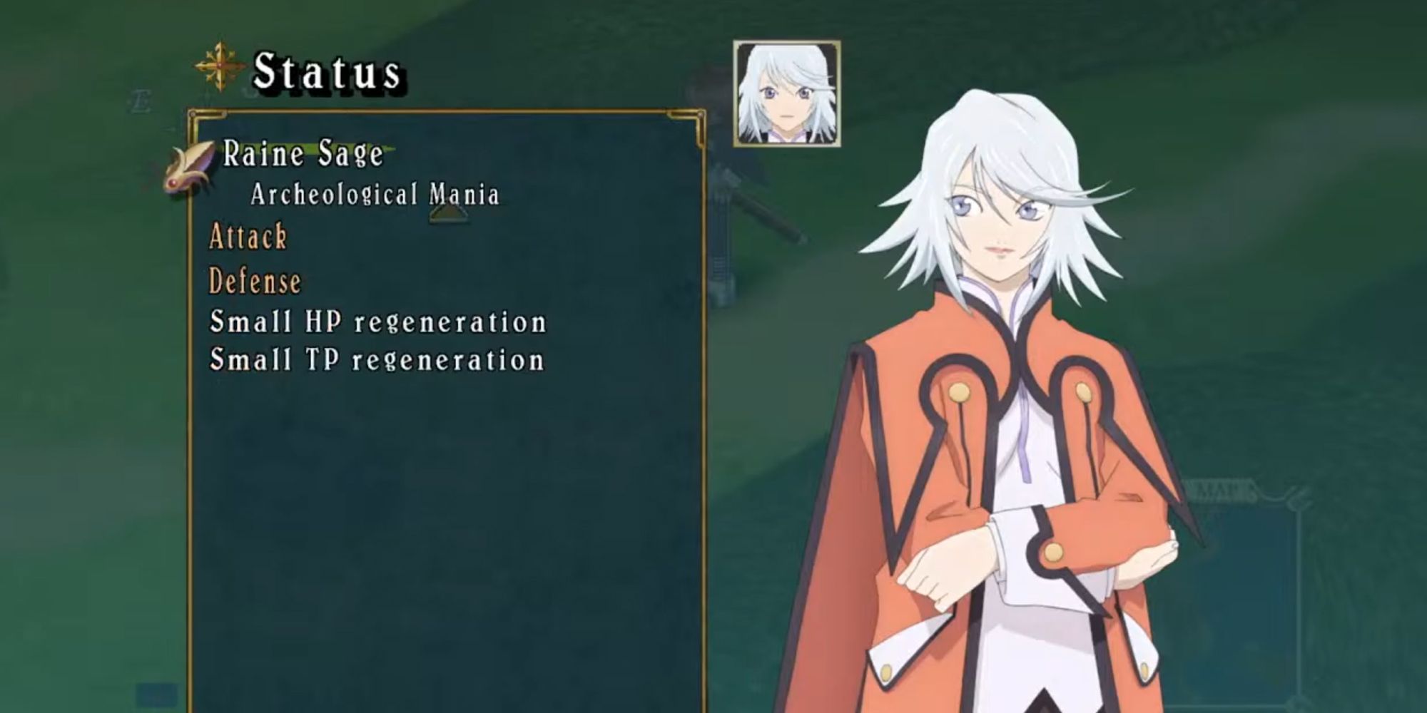 Screen showing Raine's status. On the left are status effects.