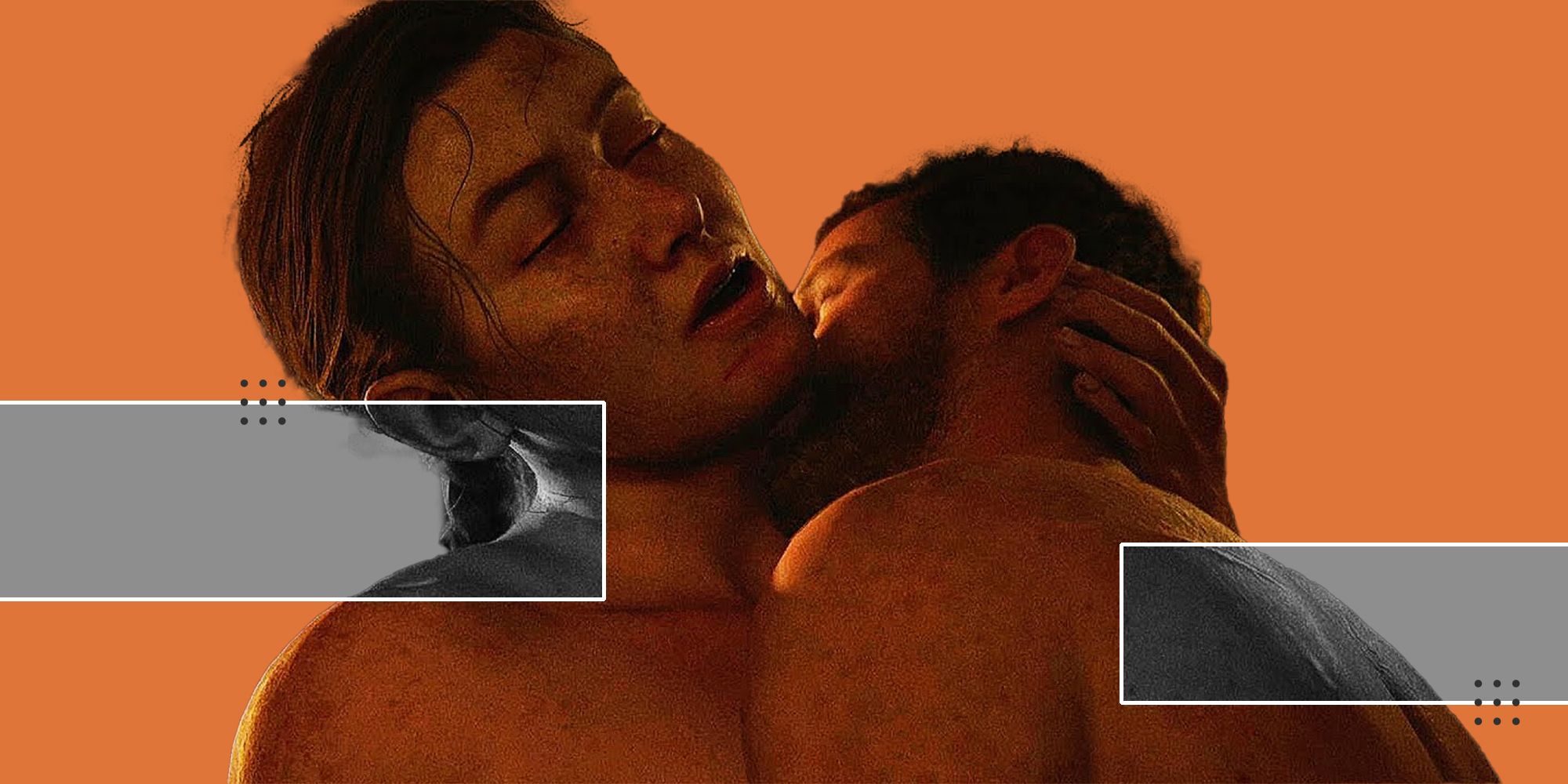 Abby and Owen's sex scene from The Last of Us Part 2 against an orange background with gray rectangles