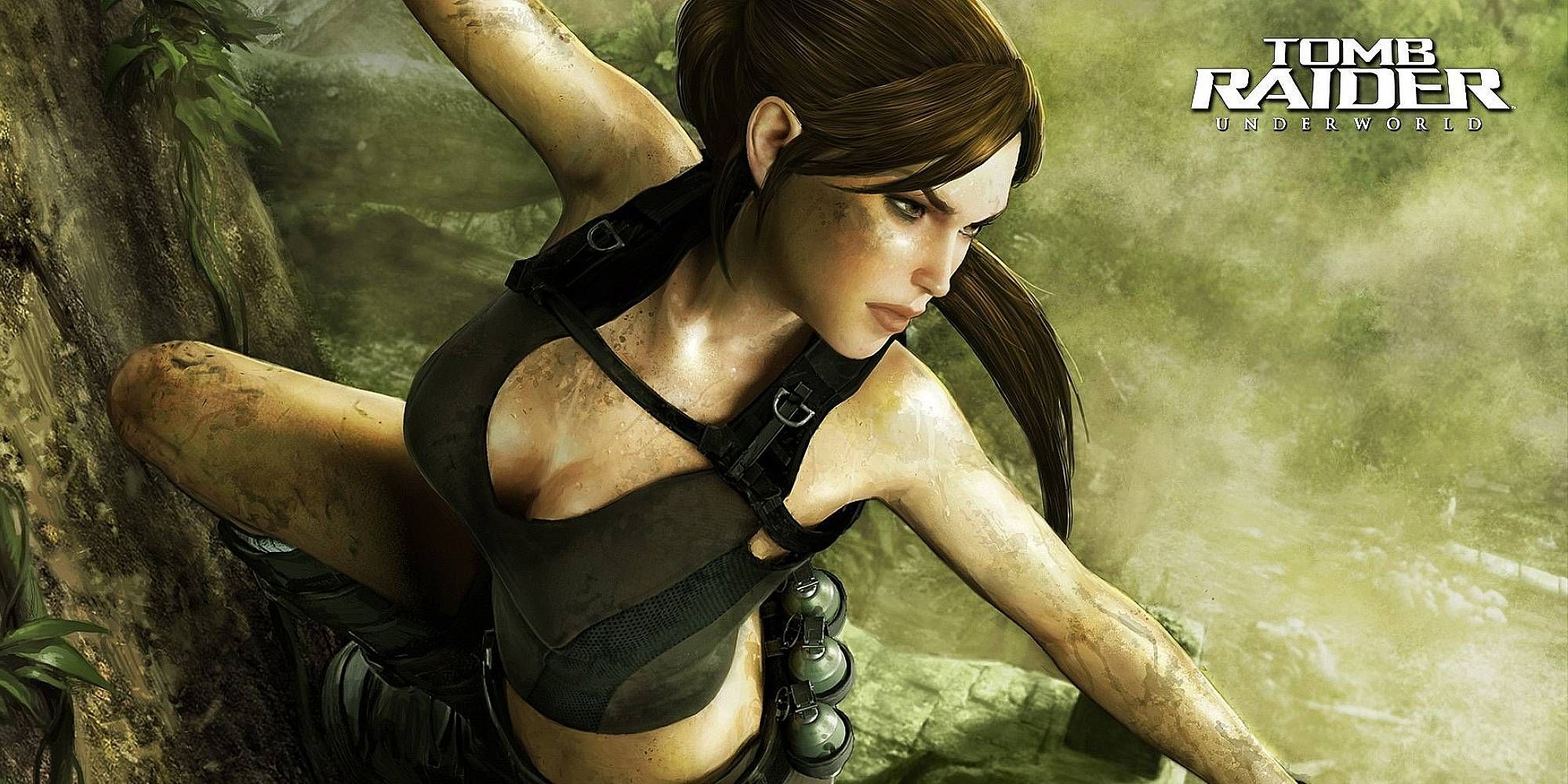 Lara Croft hangs from a cliff in Tomb Raider Underworld splash art