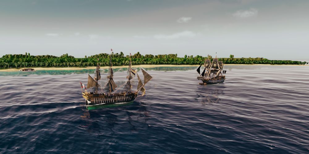 two pirate ships prepare to engage one another off the coast of Haiti