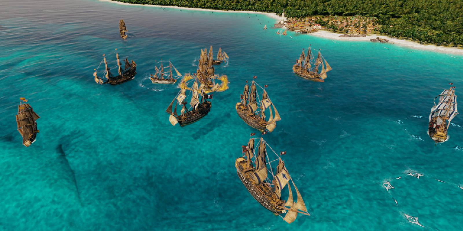 a large sea battle between pirates and the Spanish navy
