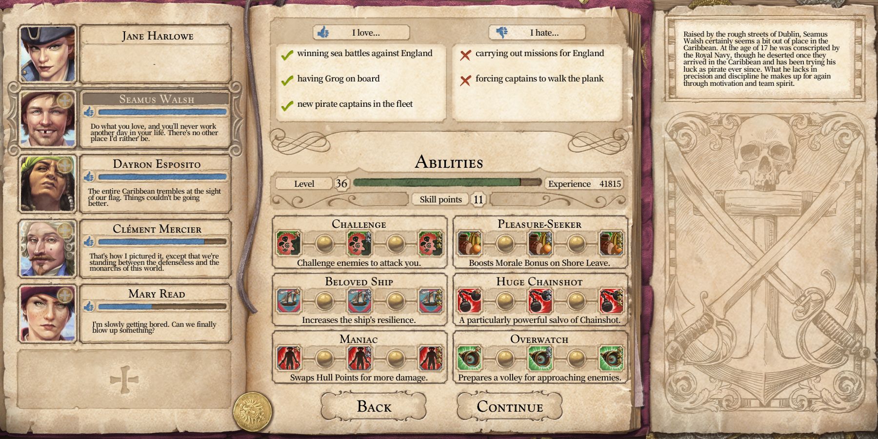 the skill tree of seamus walsh in tortuga