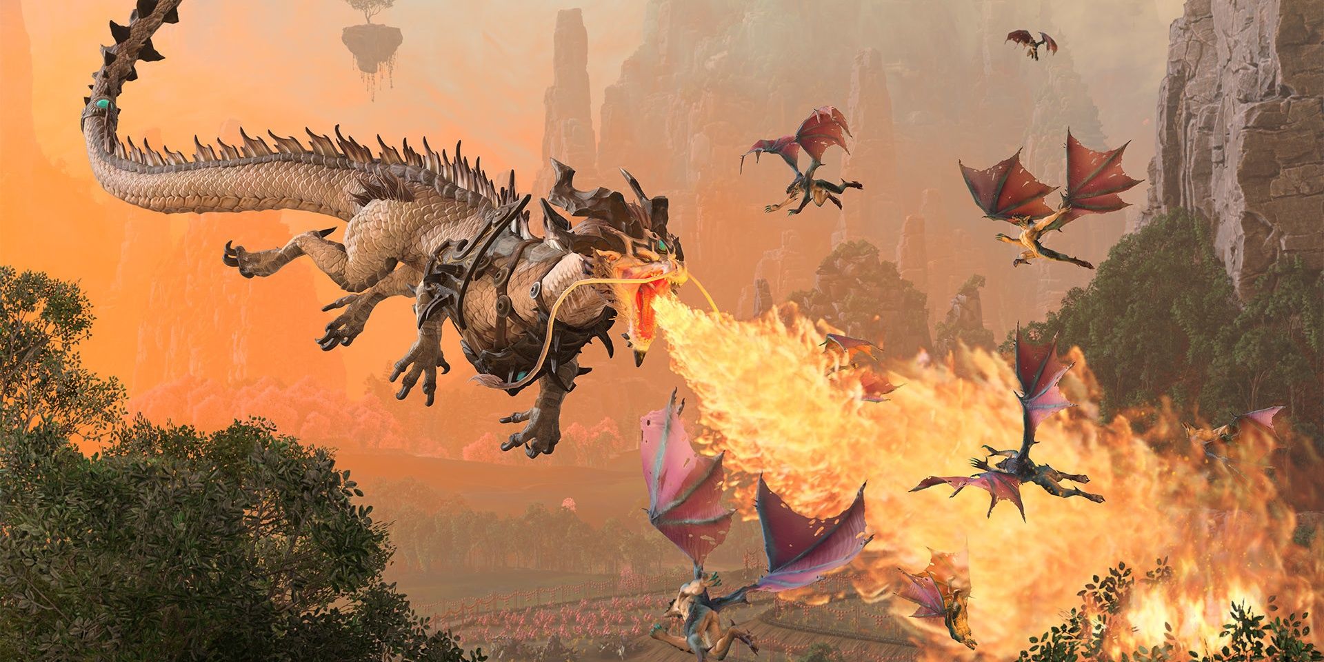 A dragon breathing fire at smaller dragons in Total War: Warhammer 3