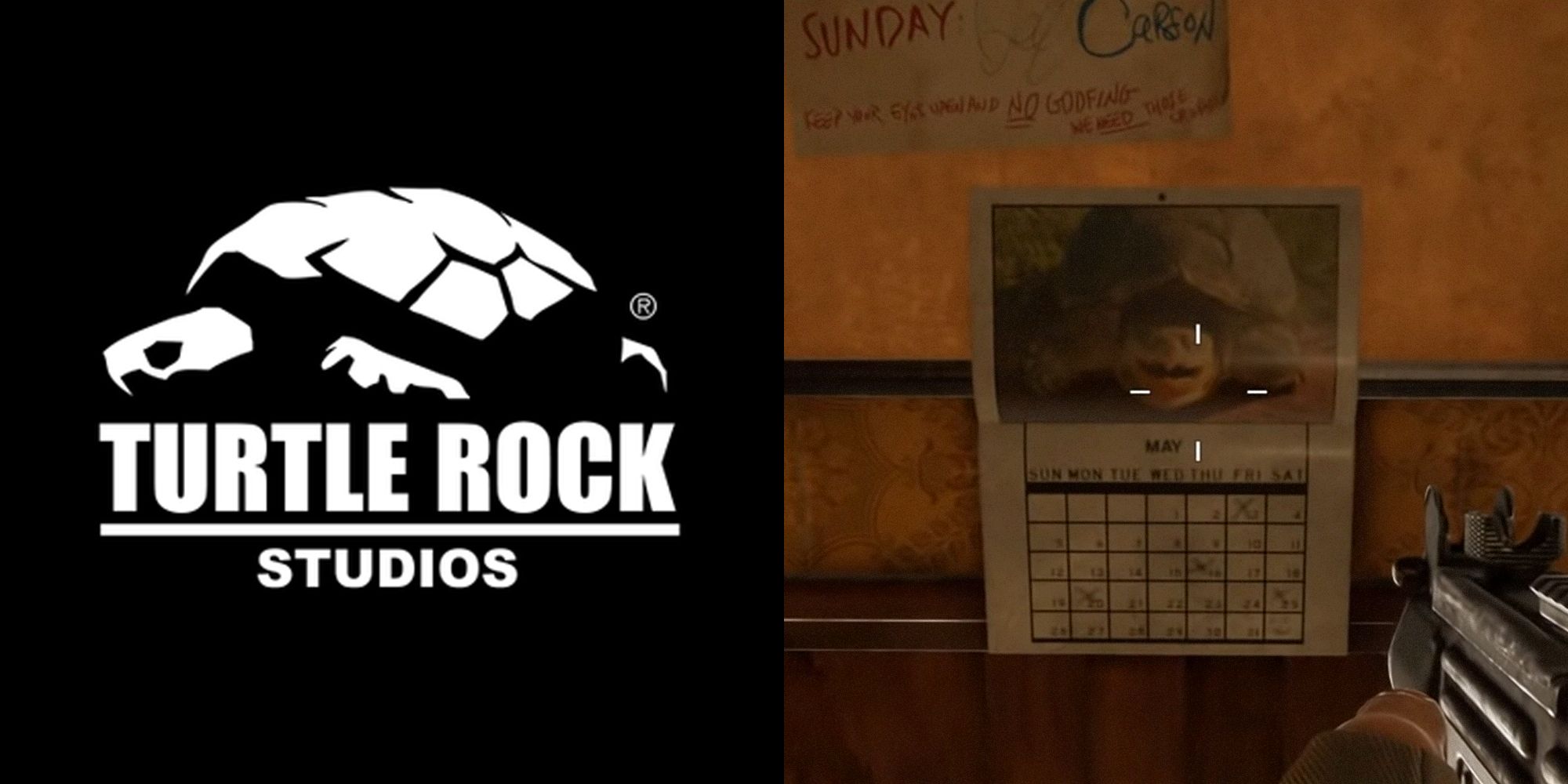 Split image with two photos. The left is the logo for developer Turtle Rock Studios. The right is a screenshot from Back 4 Blood of a turtle on a calendar.