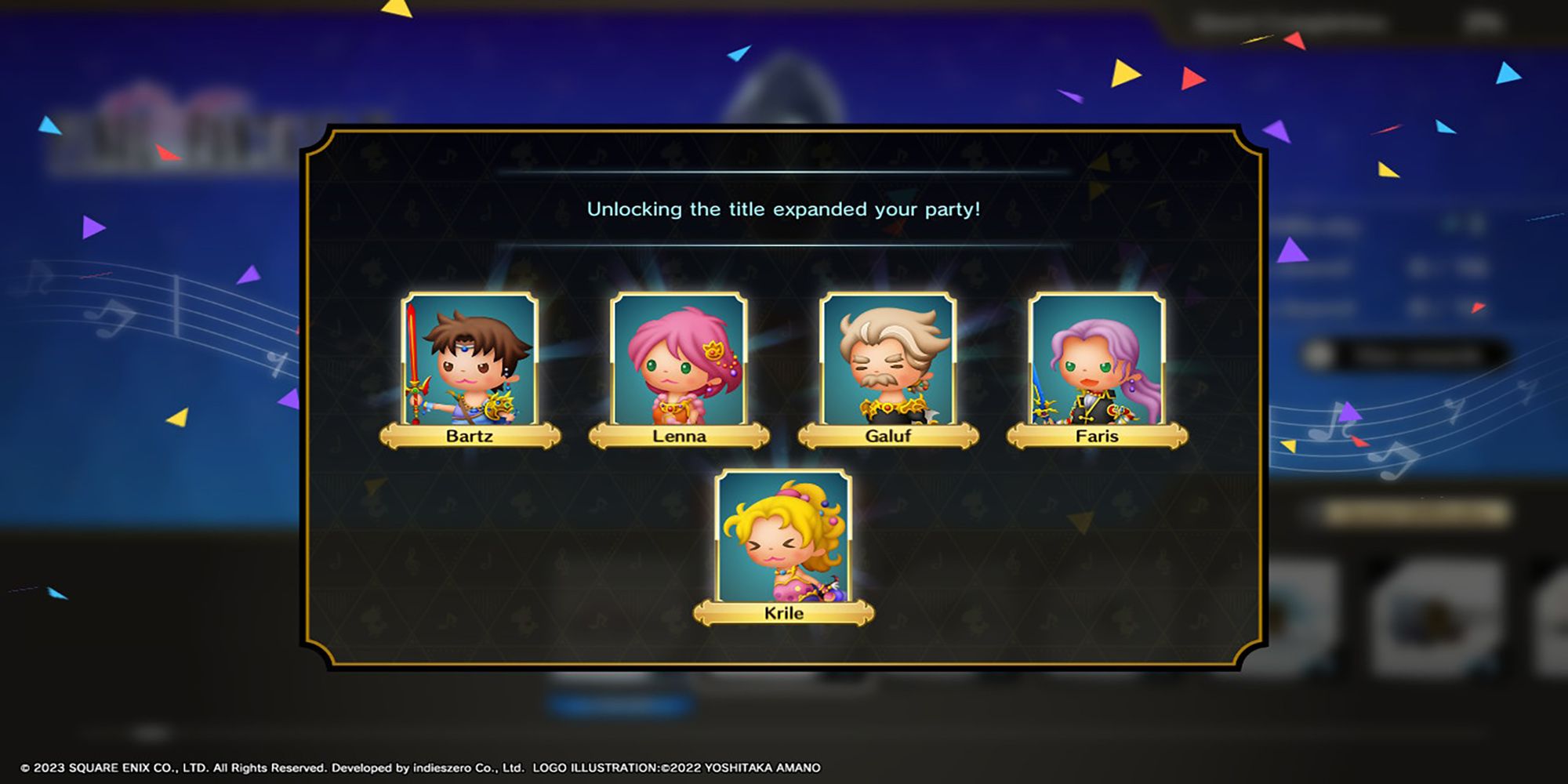 A group of Final Fantasy 5 characters, Bartz, Lenna, Galuf, Faris, and Krile, get unlocked in Theatrhythm: Final Bar Line.