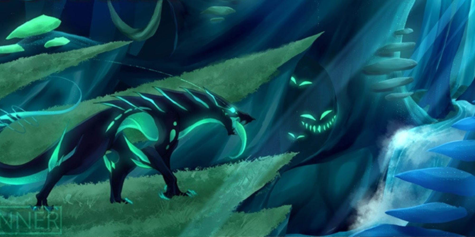 An image from Creatures of Sonaria showing a sharp dog-like creature in a creepy glade