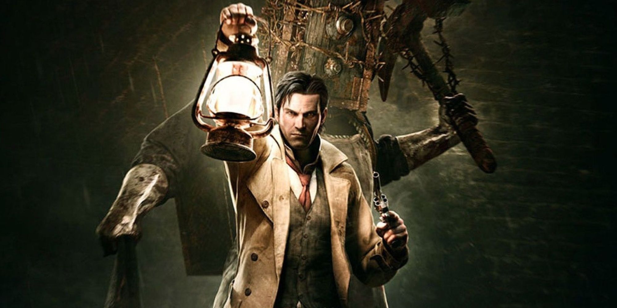 Evil Within artwork showing a detective with a scary monster behind