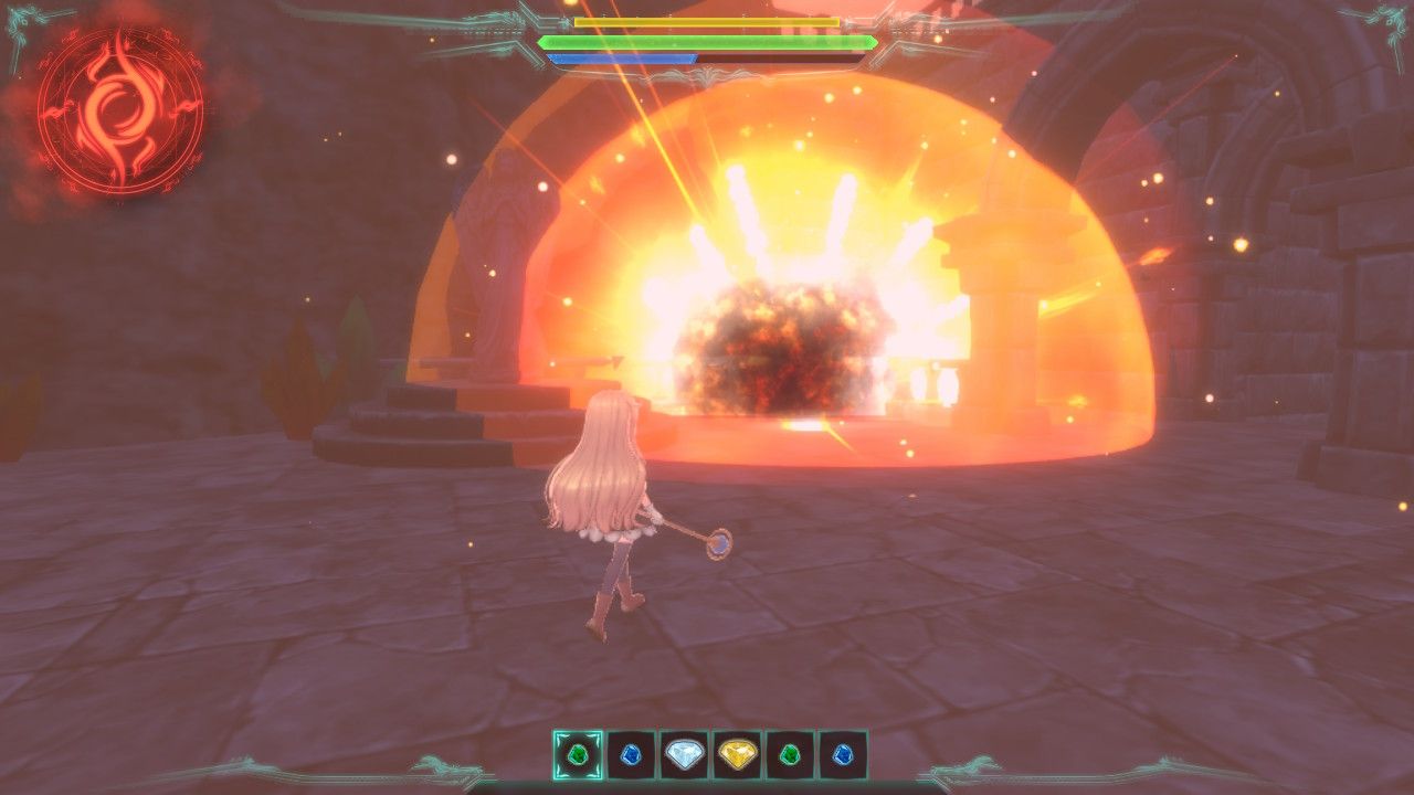 Nobeta casts and sends out a Charged Fire attack in Little Witch Nobeta.