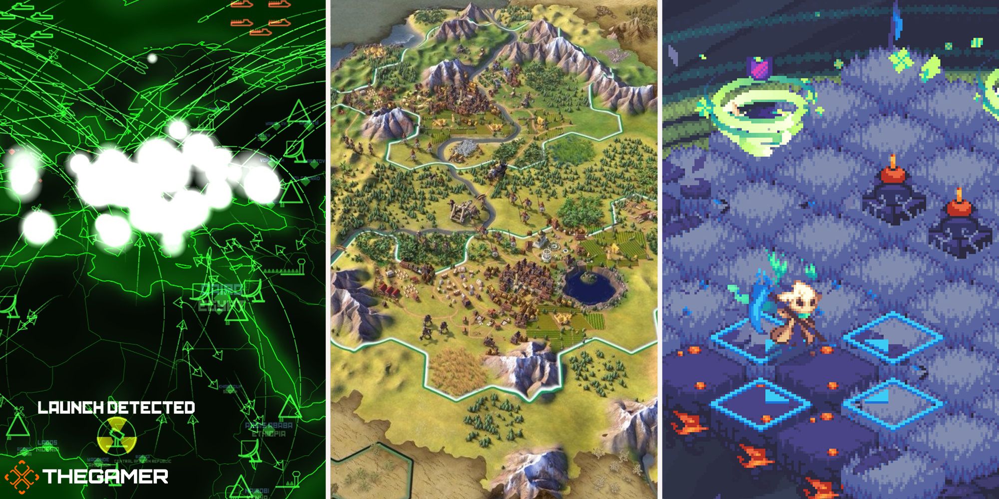 Various strategy games gameplay screenshots (DEFCON, Civilization 6, and Evertried)