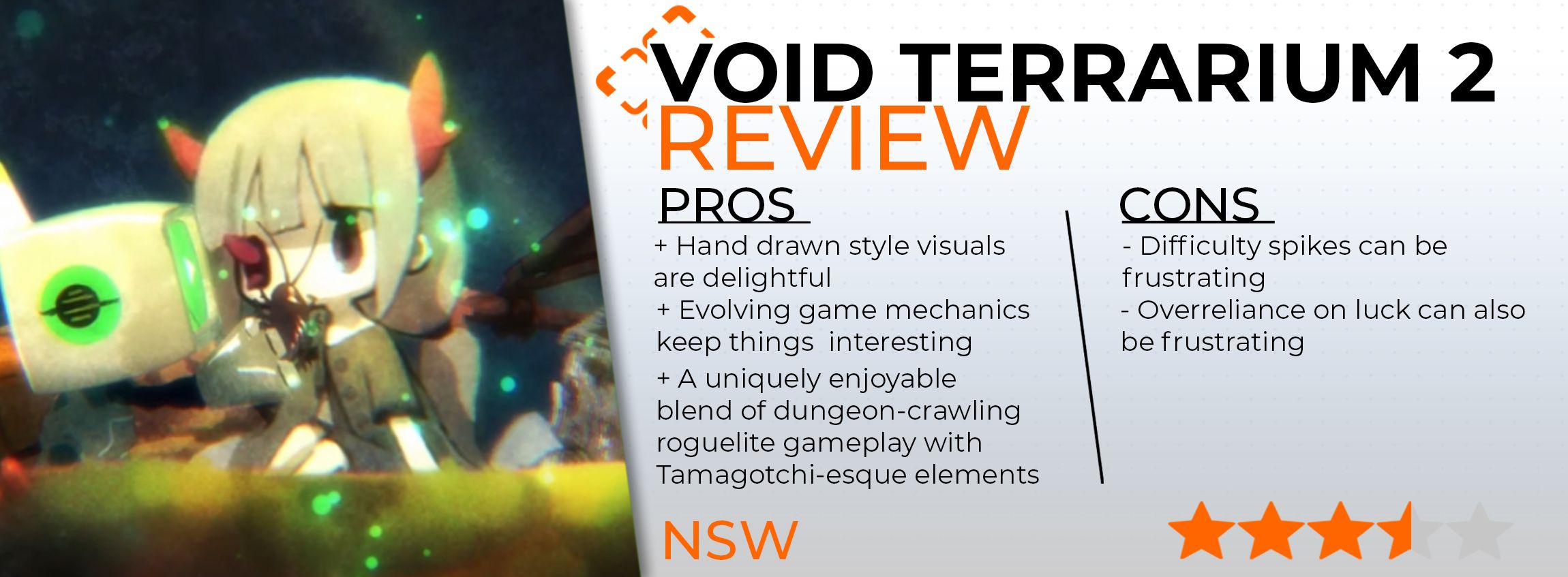 A Void Terrarium 2 review card that scores the game 3.5 out of 5 stars.