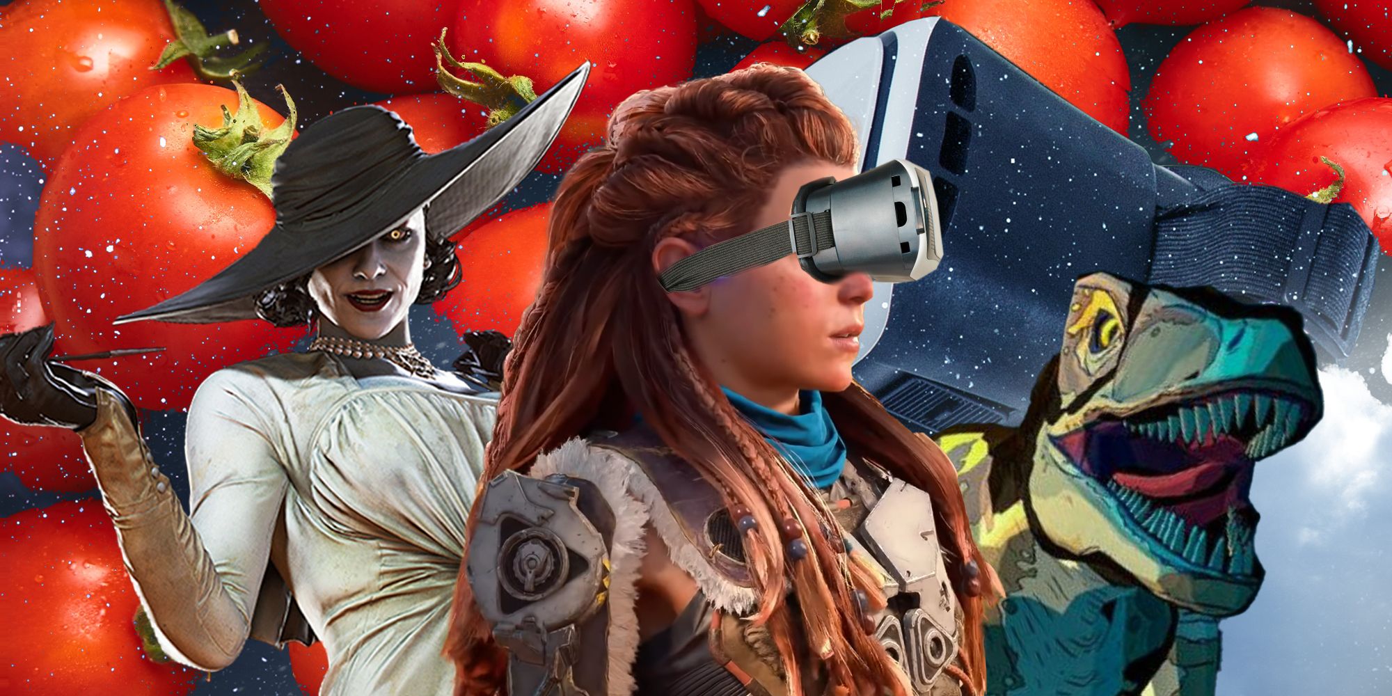 Lady Dimitrescu, Aloy, and the Jurassic Park VR dinosaur surrounded by tomatoes