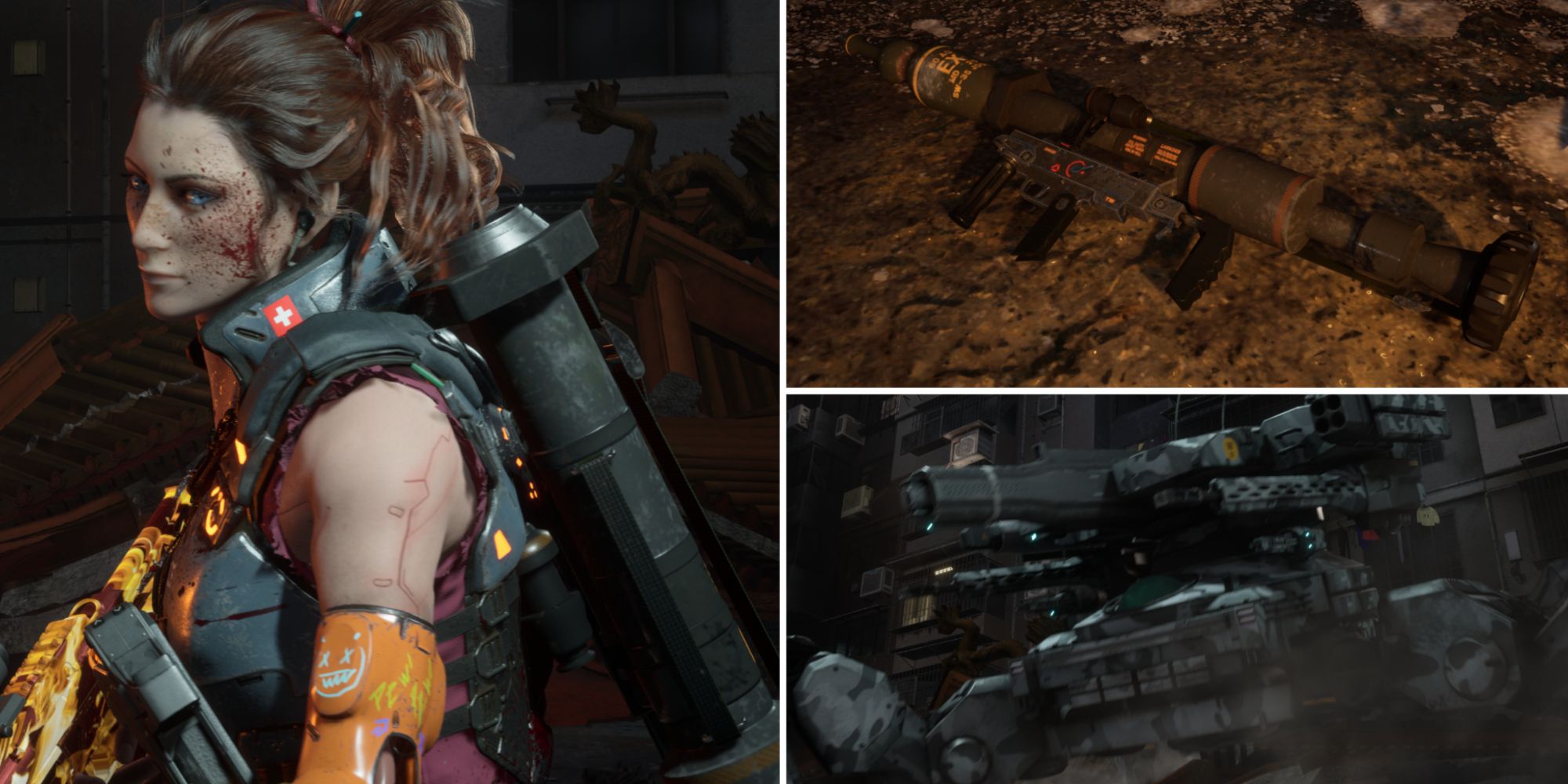 A collage of images with the leftmost being of Stone from Wanted: Dead with blood splattered on her face, wielding her AR with an RPG on her back. The top right image is a close-up of an RPG on the ground, and the bottom right image is one of the two Spider Tanks in the Dual Spider Tank encounter.