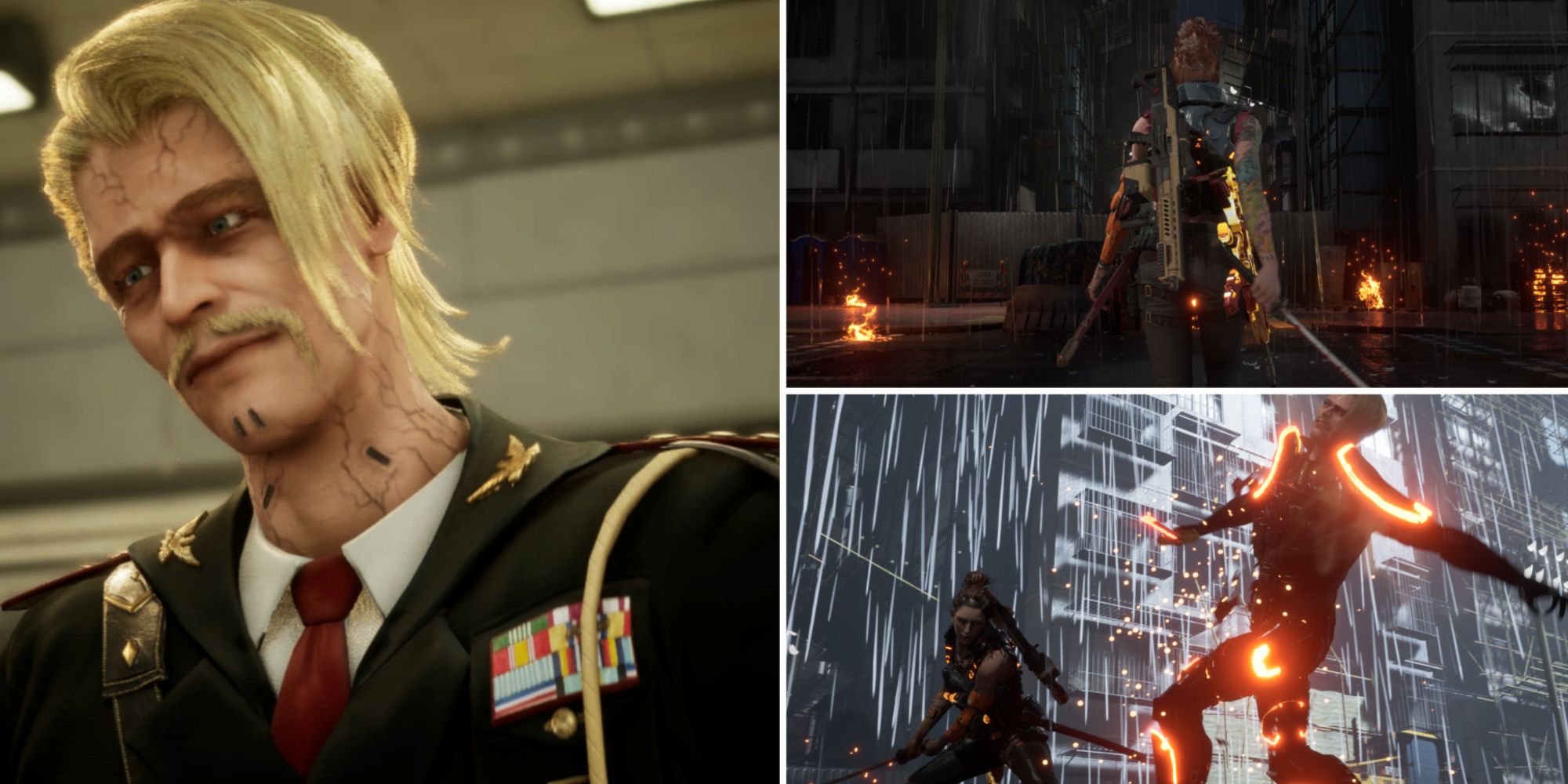 A collage of images with the leftmost being of Richter in his Military Uniform standing in the Police HQ. The top right image is of Stone walking away from the camera with her Katana drawn and rifle on her back. The bottom right image is of Stone landing the finishing blow on Richter in the pouring rain.