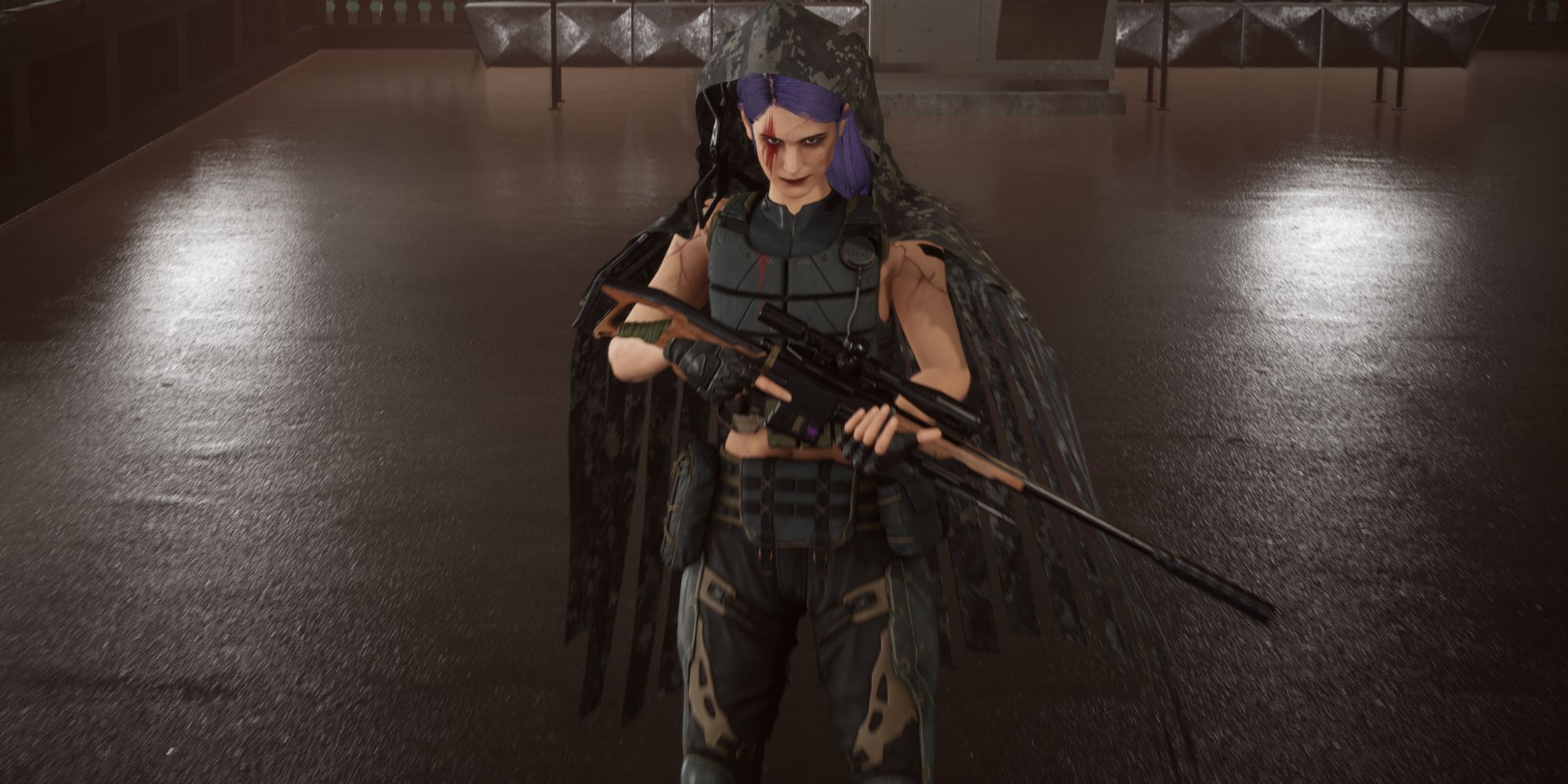 This image showcases Kolchak from Wanted: Dead, a Sniper with a Digital Camouflage Cloak, Purple Hair, and a Red Mark across her right eye.