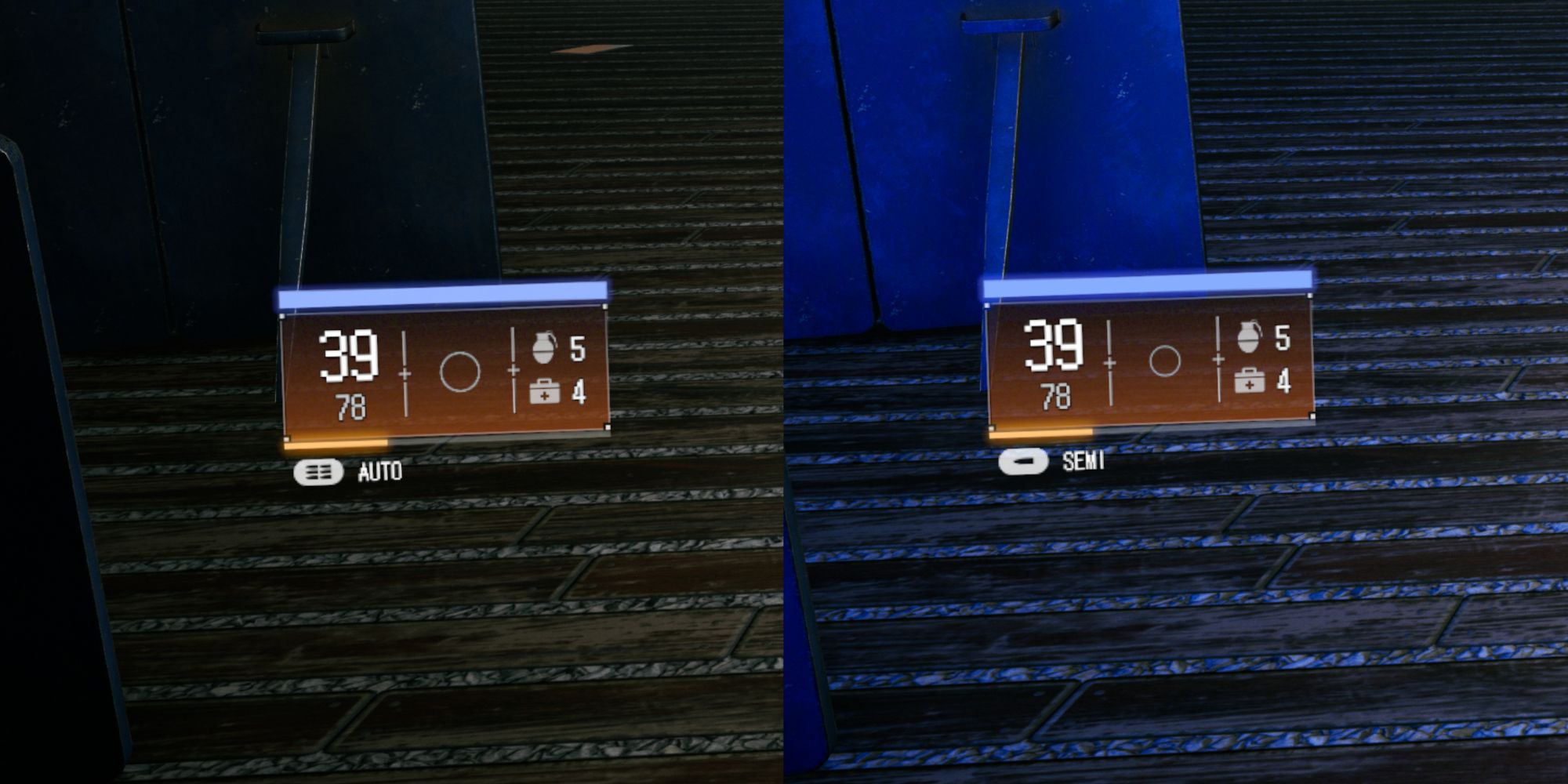 Разделенное изображение, демонстрирующее две скорострельности в игре Wanted: Dead. На левом изображении Винтовка Стоуна переключена в автоматический режим (полностью автоматический), а на правом изображении Винтовка Стоуна переключена в полуавтоматический режим (одиночный выстрел).