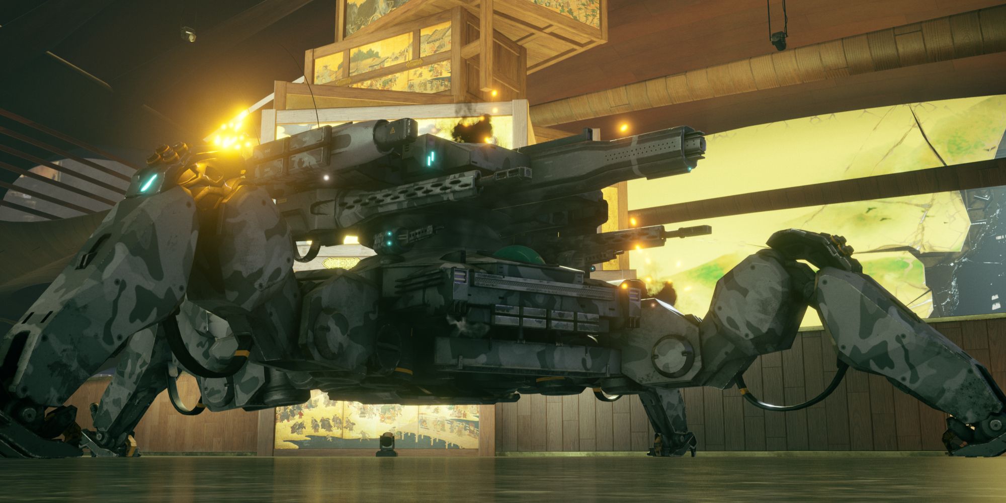 The Spider Tank boss encounter in Wanted: Dead, a large four-legged Tank made with heavy armor and one large cannon and two smaller ones.