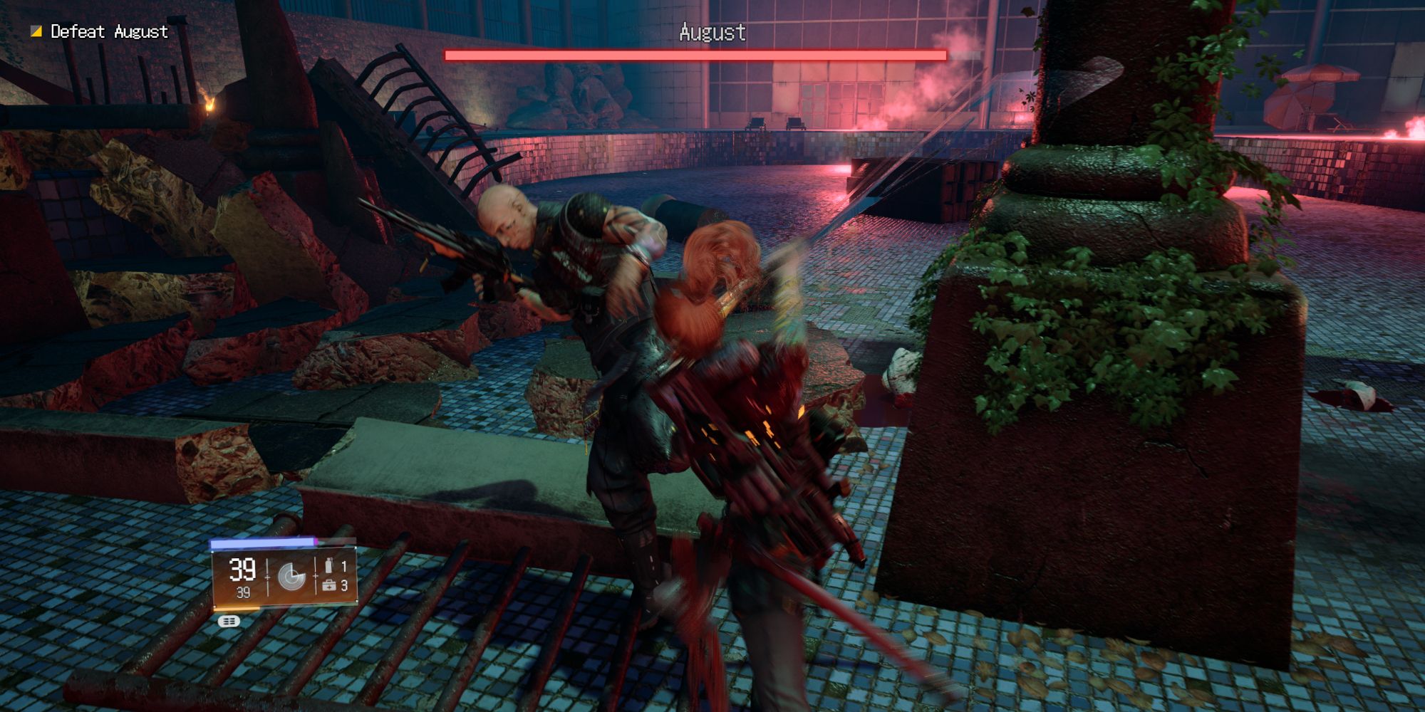 Stone attacking August with her Katana during the first phase of the boss encounter in Wanted: Dead