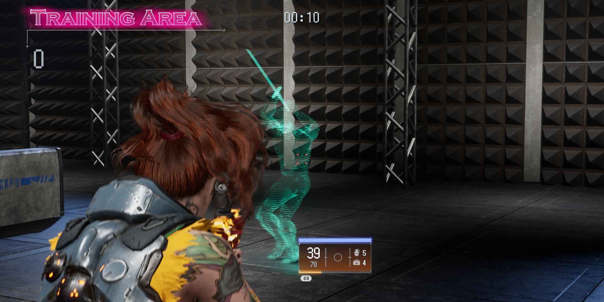 Stone aiming down the sights of her rifle at a holographic enemy in the First Training Challenge in Wanted: Dead.