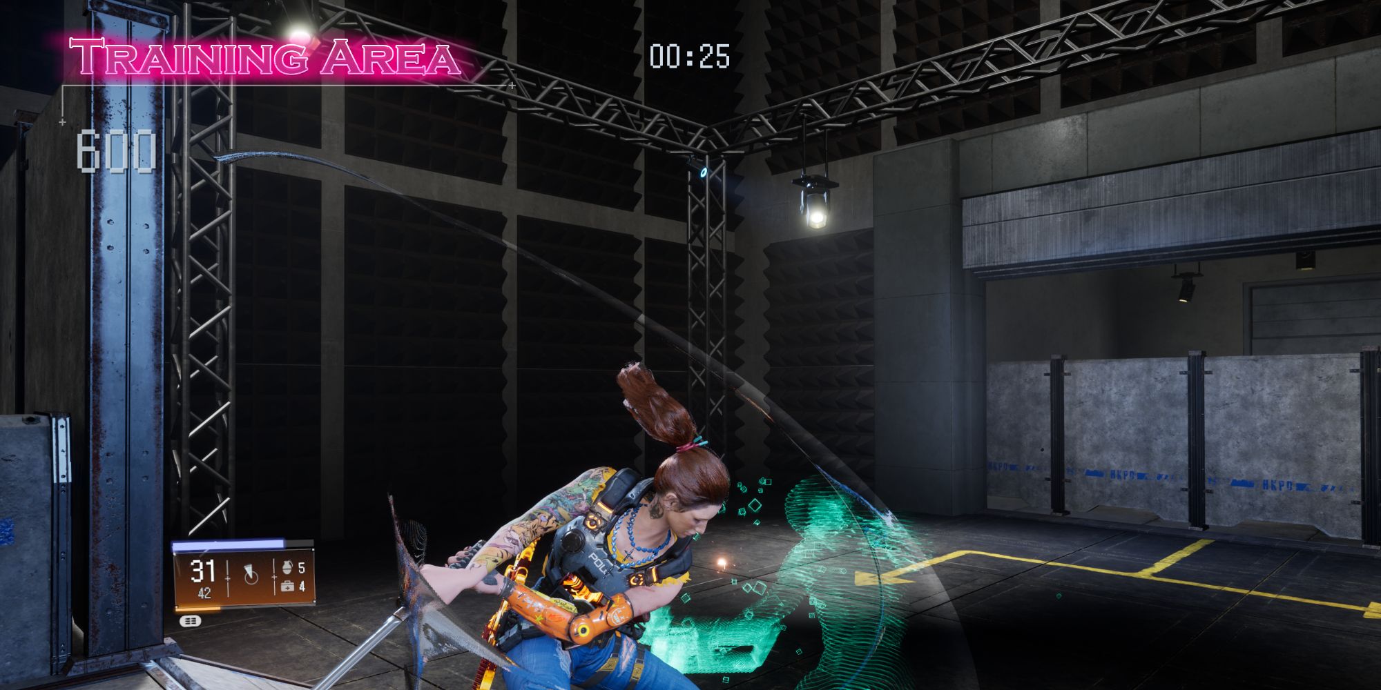 Stone slashing a holographic enemy wielding a Grenade Launcher with her Katana in the Third Training Challenge in Wanted: Dead