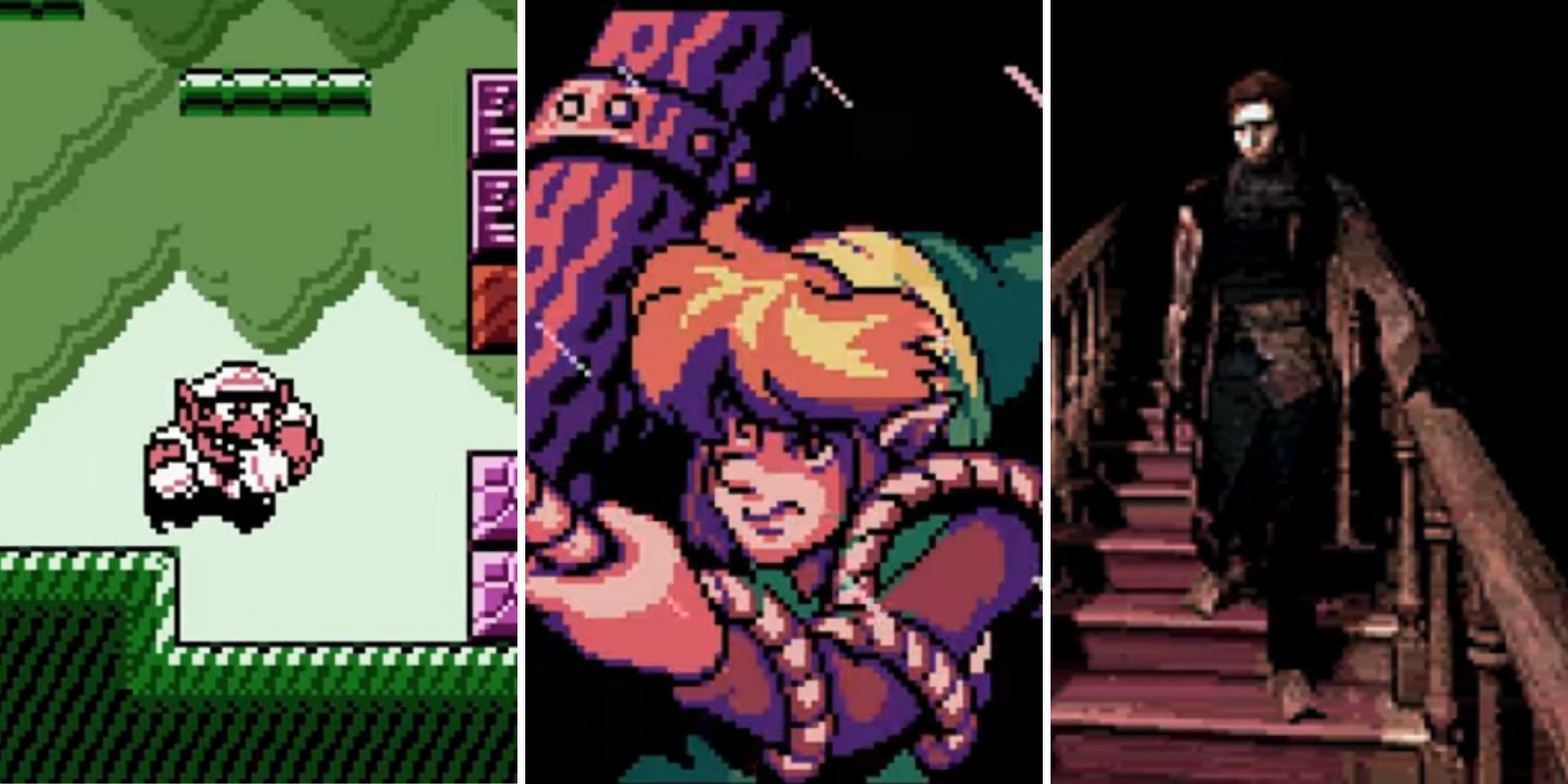 Wario jumps over a small gap, Link holds on to a raft during a storm, Carnby walks down stairs in the dark