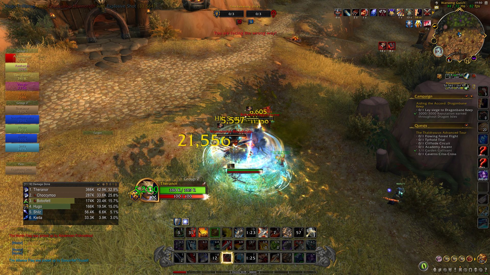 Warrior attacking two horde players in Warsong Gulch with multiple addons on display
