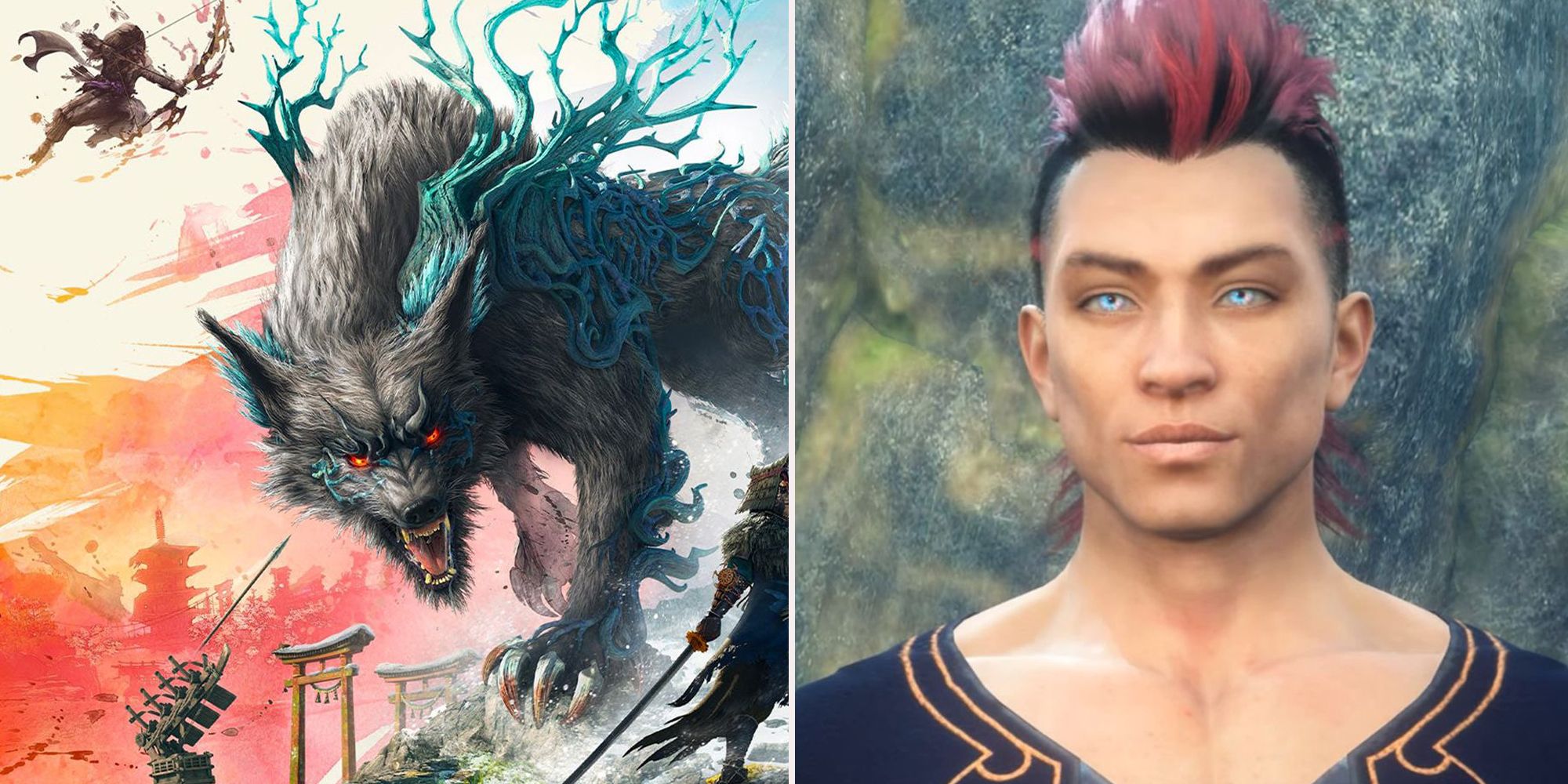Two images. The left is the official poster for Wild Hearts. The right is a screenshot of a character creation preview.