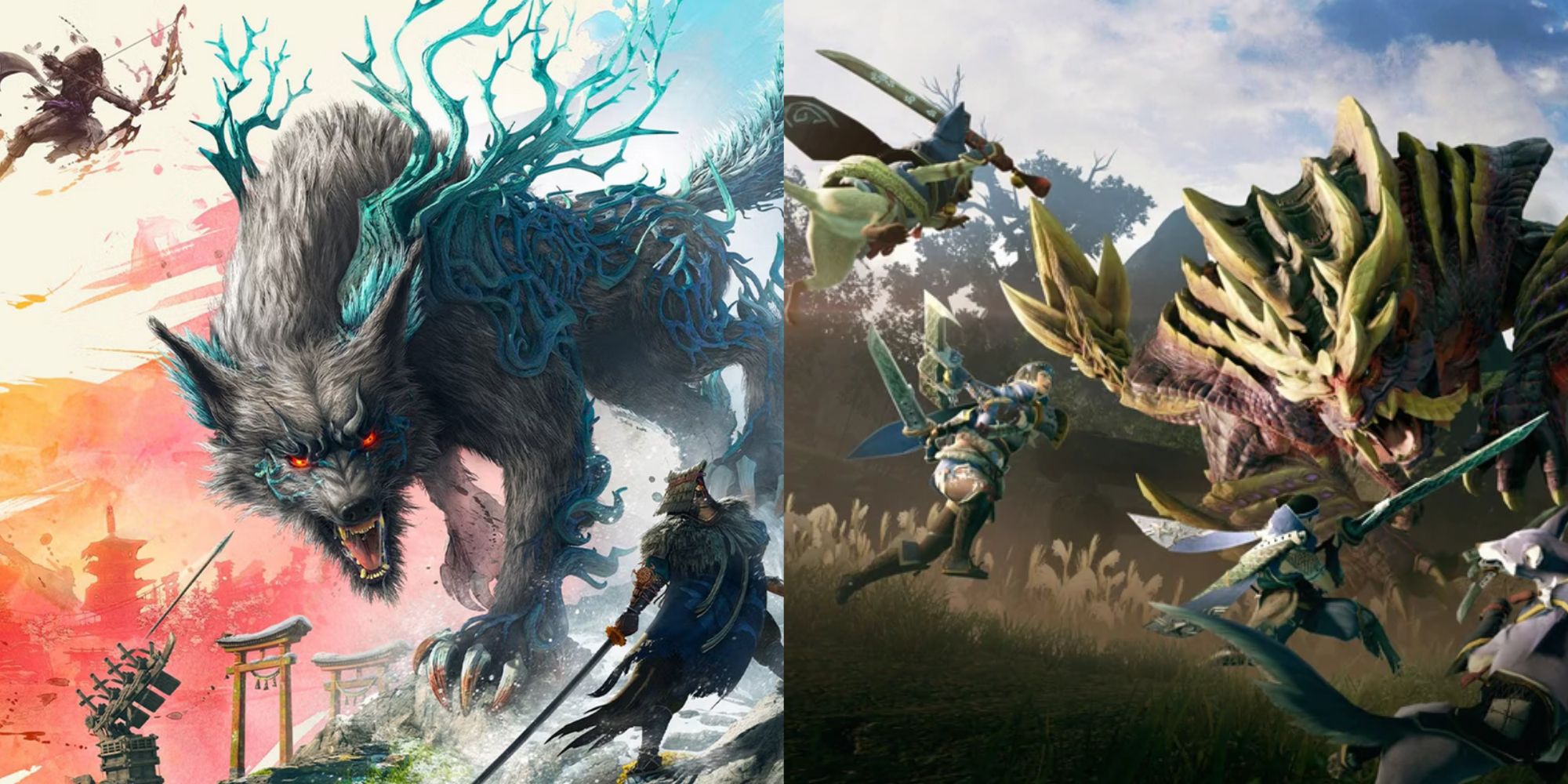 wild hearts vs monster hunter rise featured image with wild hearts key art and monster hunter rise key art featuring hunters and flagship monsters