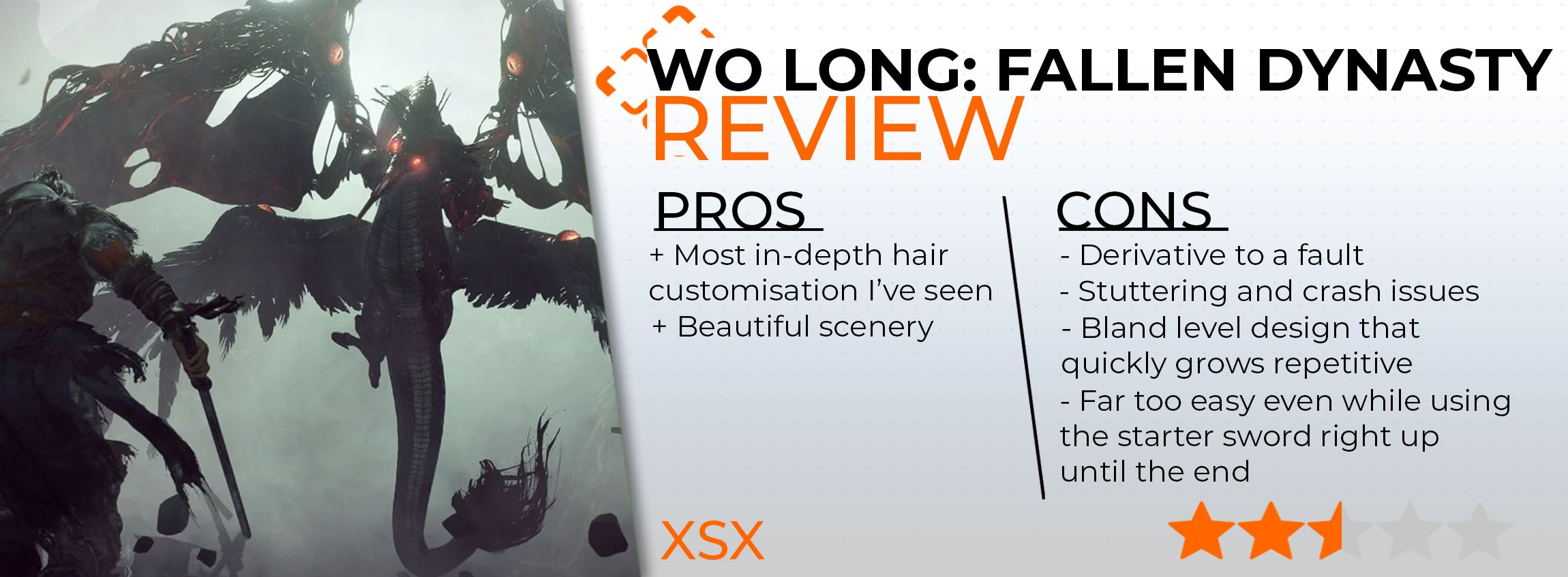 Wo Long Fallen Dynasty Review card showing two and a half stars, played on Xbox Series X