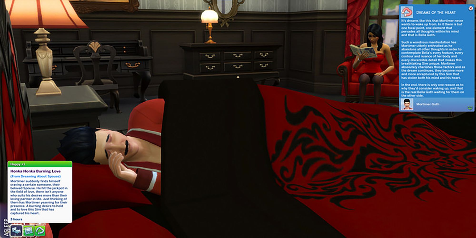 Mortimer Goth cries over his love for Bella Goth in the Wonderful Whims mode for The Sims 4.
