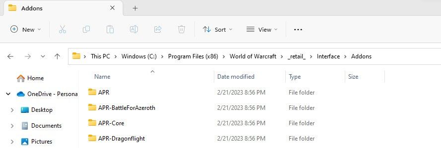Screenshot of the File folders in windows showing the location of the Addons file in the World of Warcraft folder