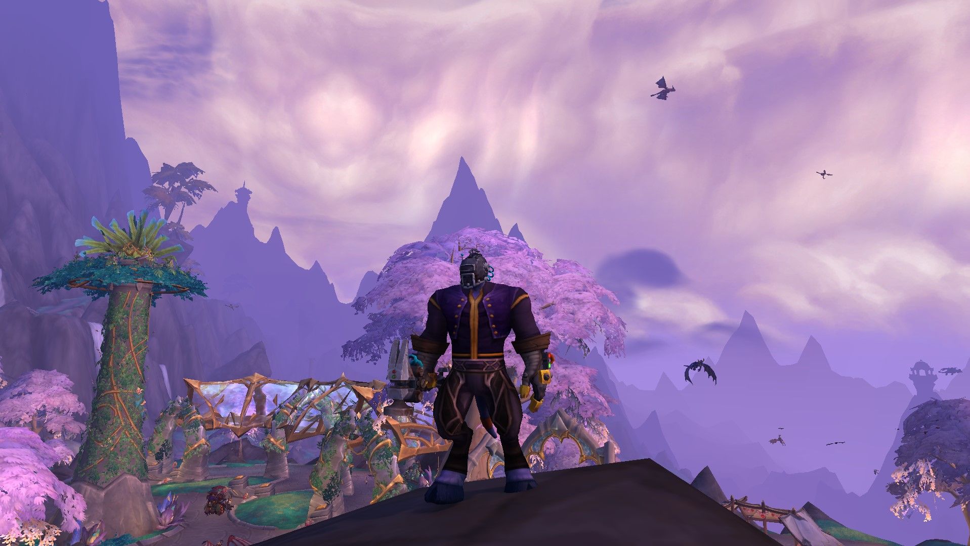 A Draenei wearing an Engineer's gear in Valdrakken in World of Warcraft.