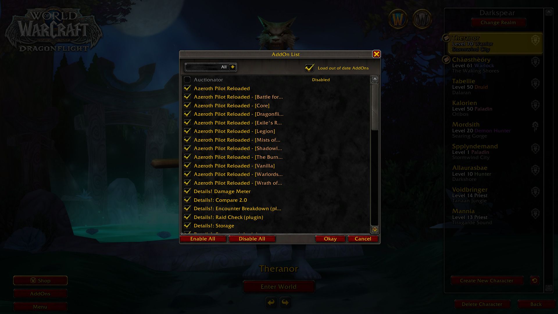 Multiple addons selected on the World of Warcraft Launch Screen