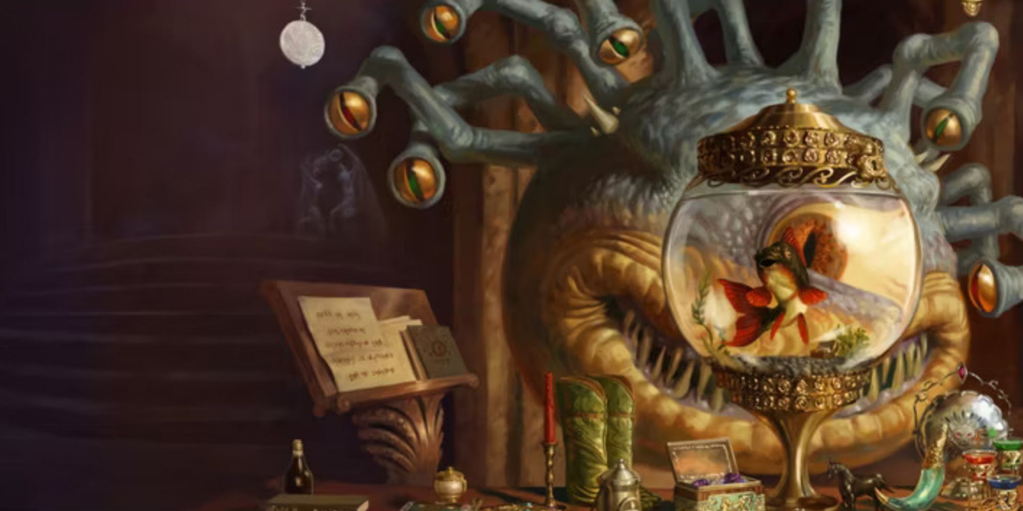 A Beholder studies his enviornment with his multiple eyes on the cover of Xanathar's Guide To Everything For D&D 5th Edition.