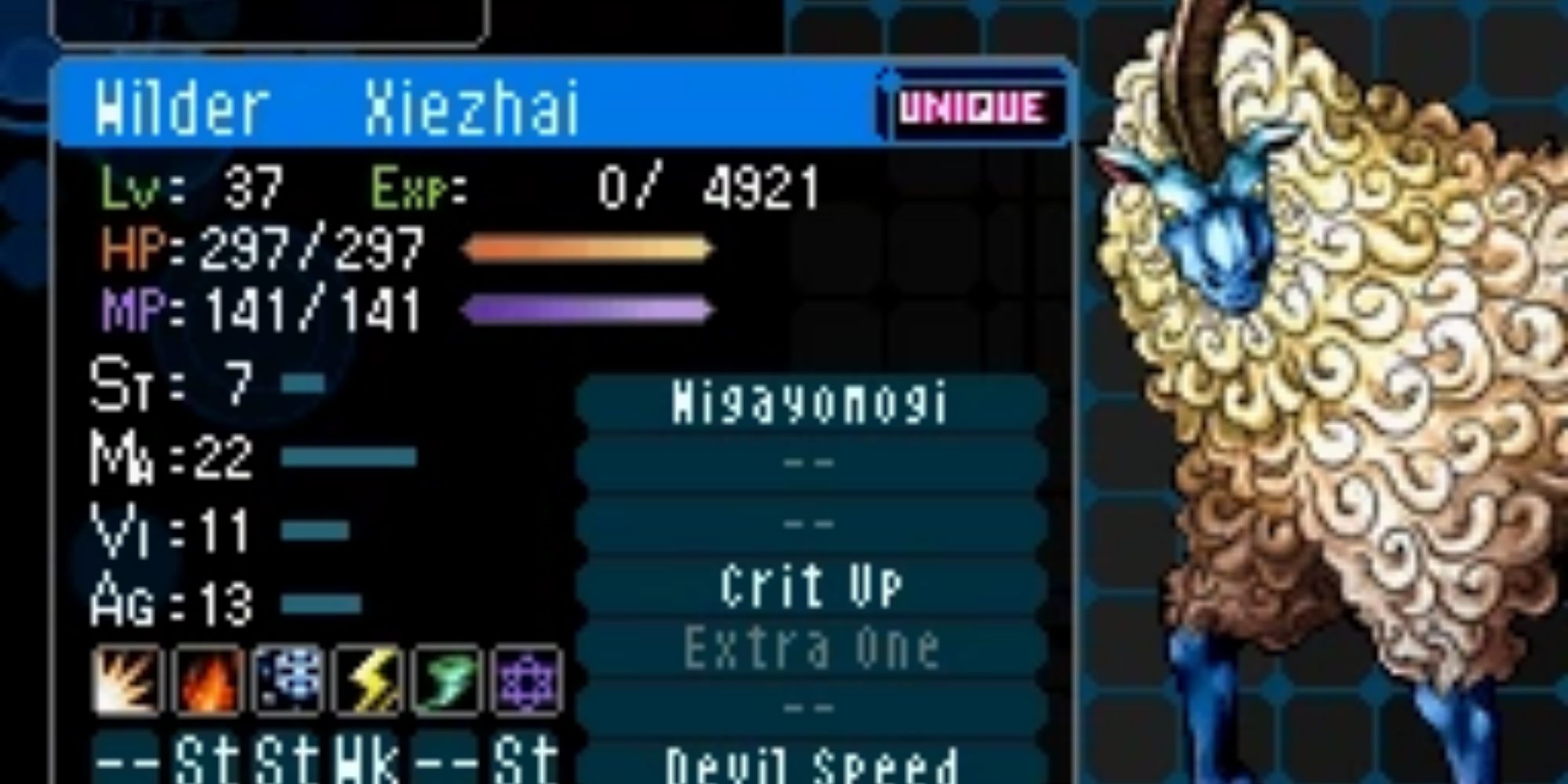 Xiezhai's summary stat screen in Shin Megami Tensei: Devil Survivor 2.