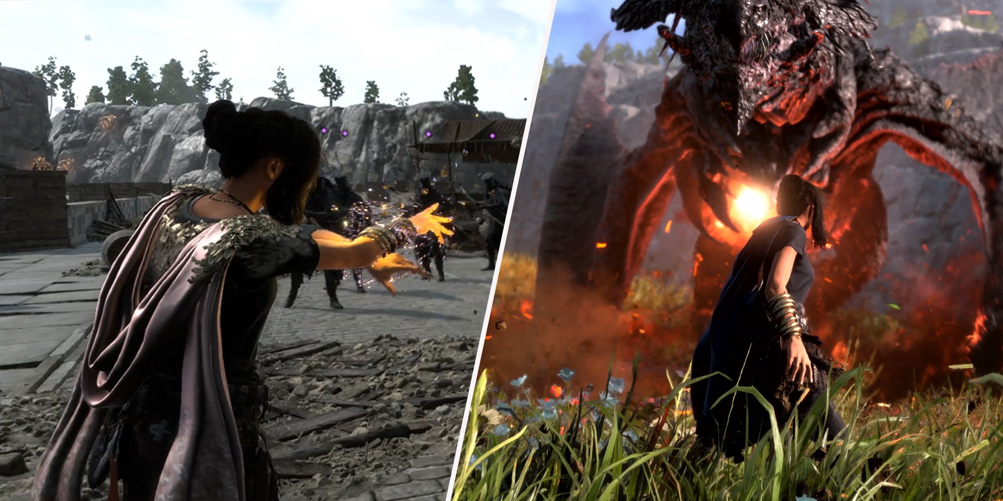 Split image. Frey fighting enemies with fire magic on the left photo. Frey facing a dragon on the right photo.